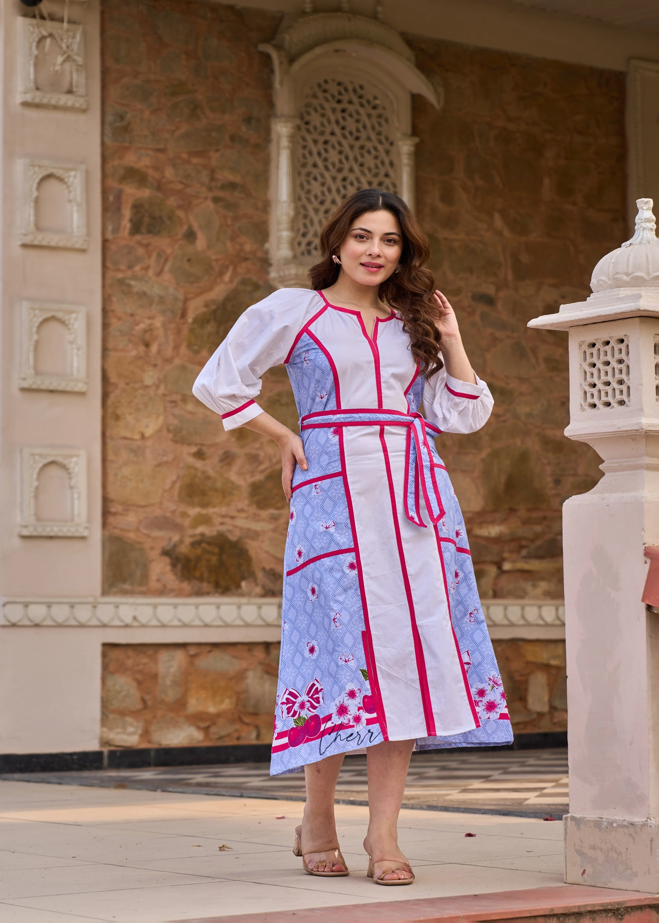 Blue and White Panelled Cotton Dress - Image 3