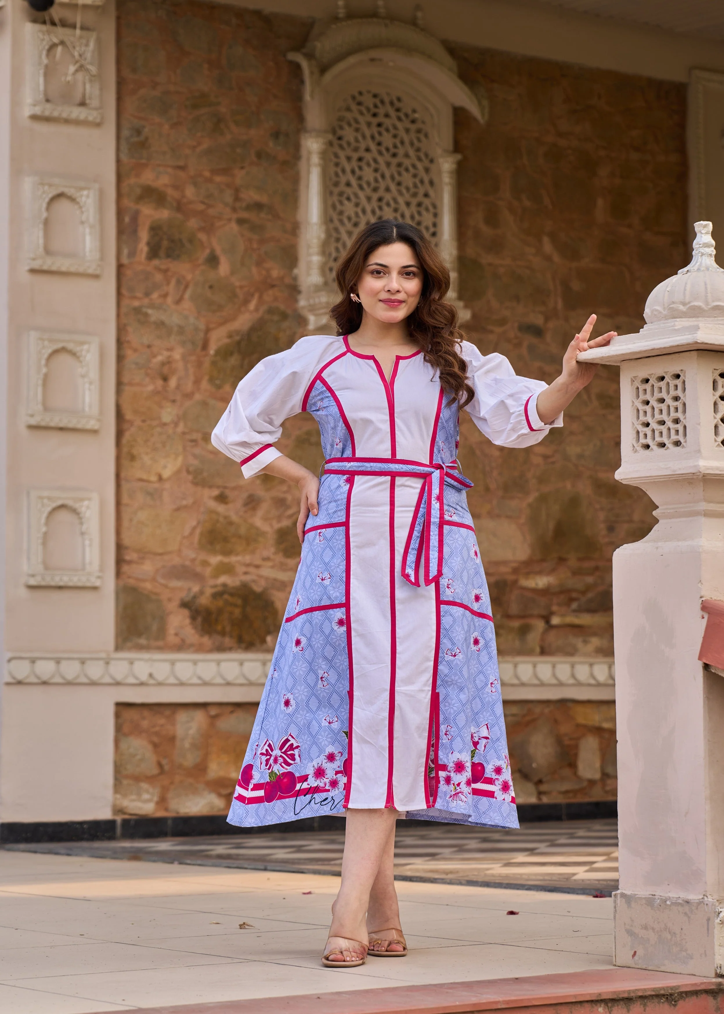 Blue and White Panelled Cotton Dress - Image 4