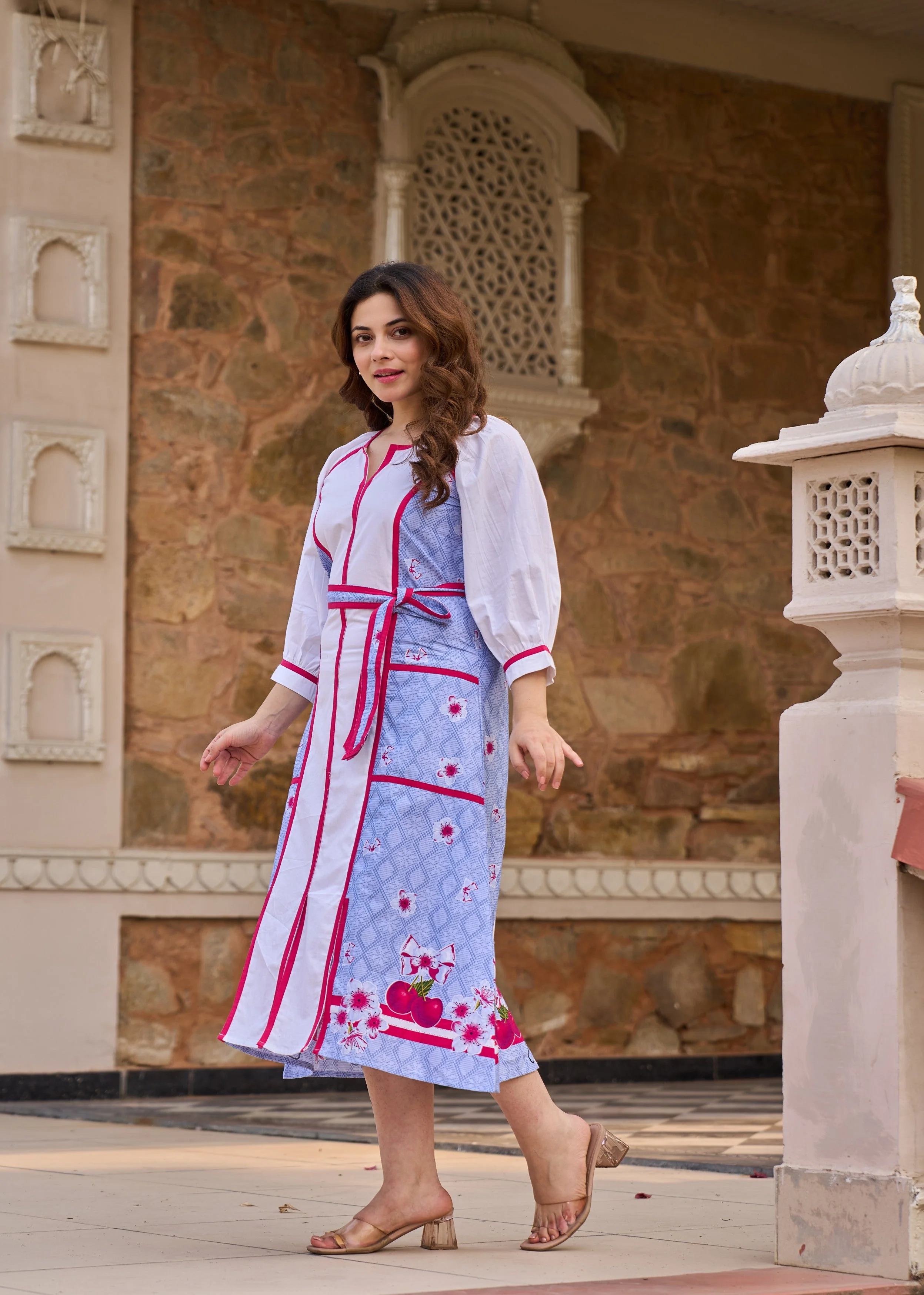 Blue and White Panelled Cotton Dress - Image 5