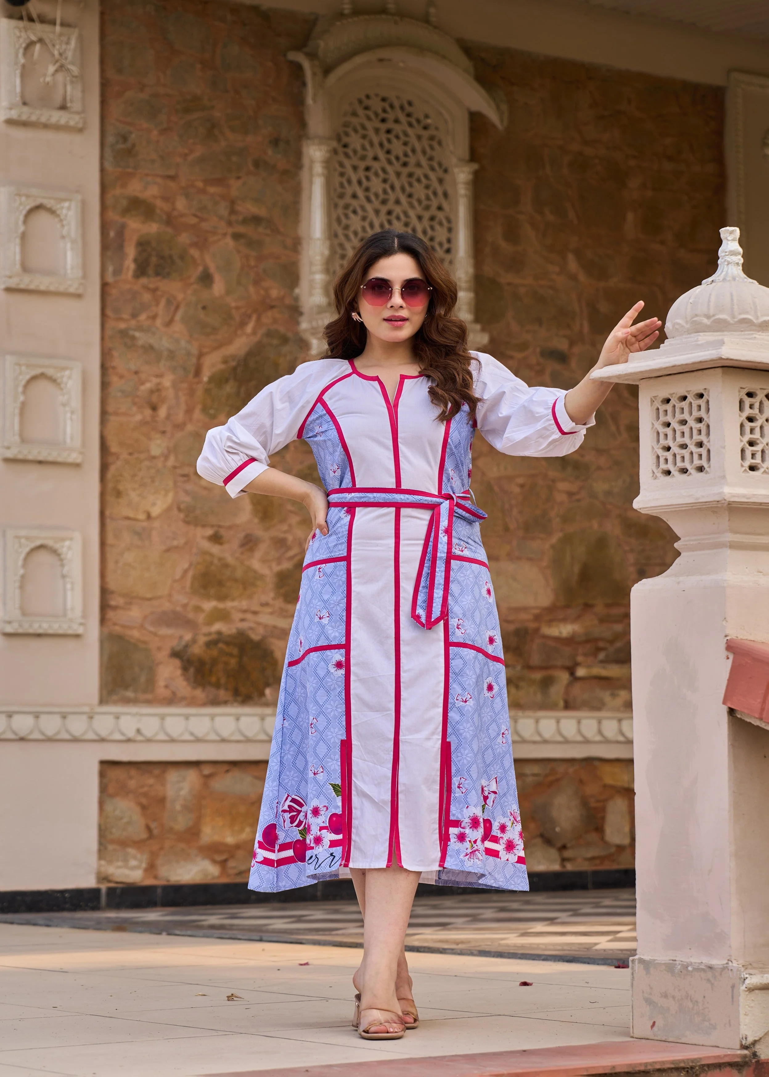 Blue and White Panelled Cotton Dress - Image 6