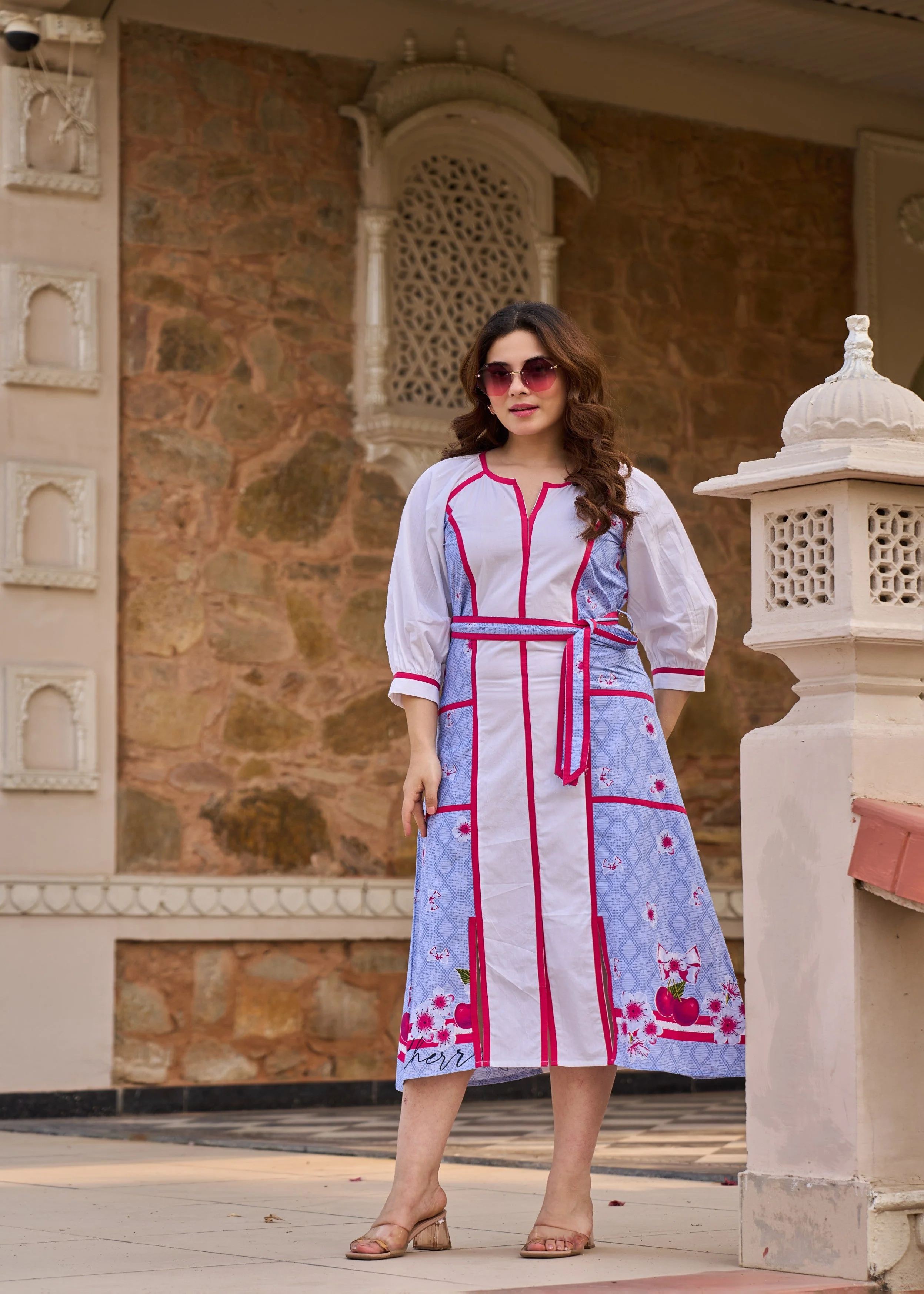 Blue and White Panelled Cotton Dress - Image 7