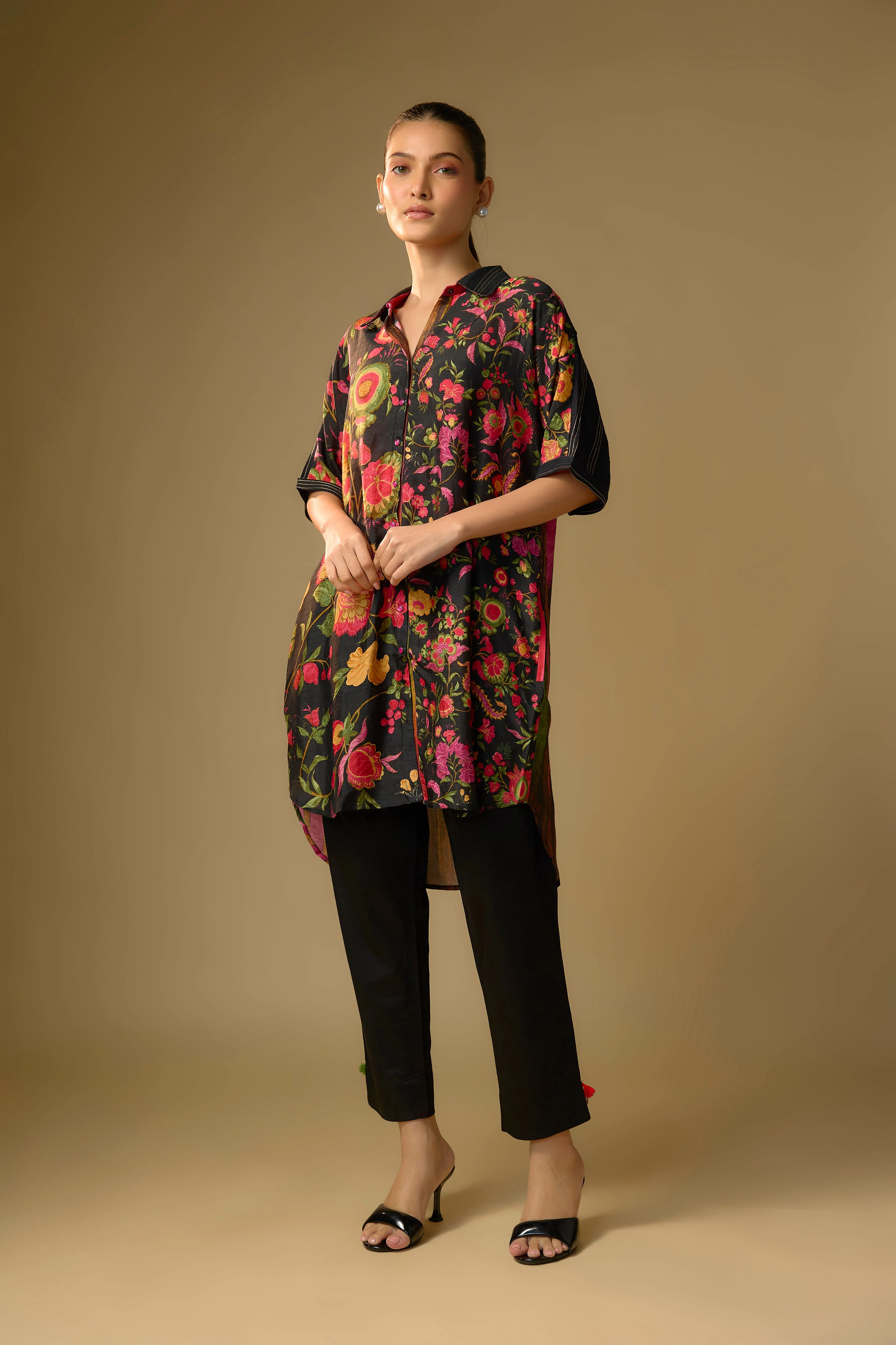 Black Printed Slub Cotton Silk Tunic Top