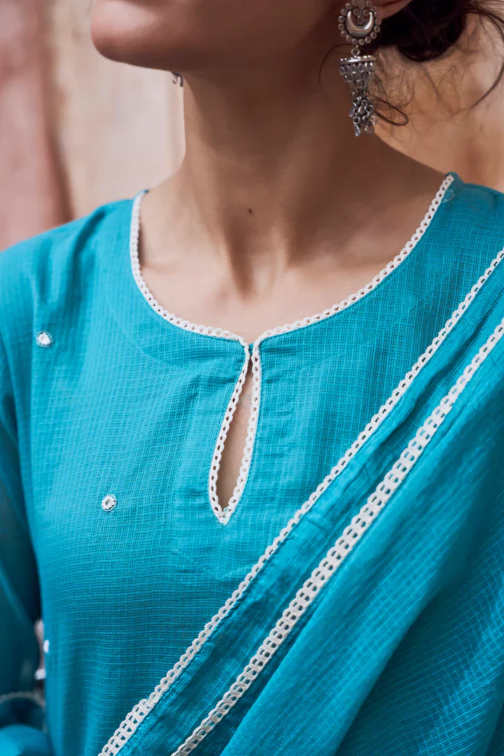 Teal Blue Beaded Kota Doria Pant Set - Image 2