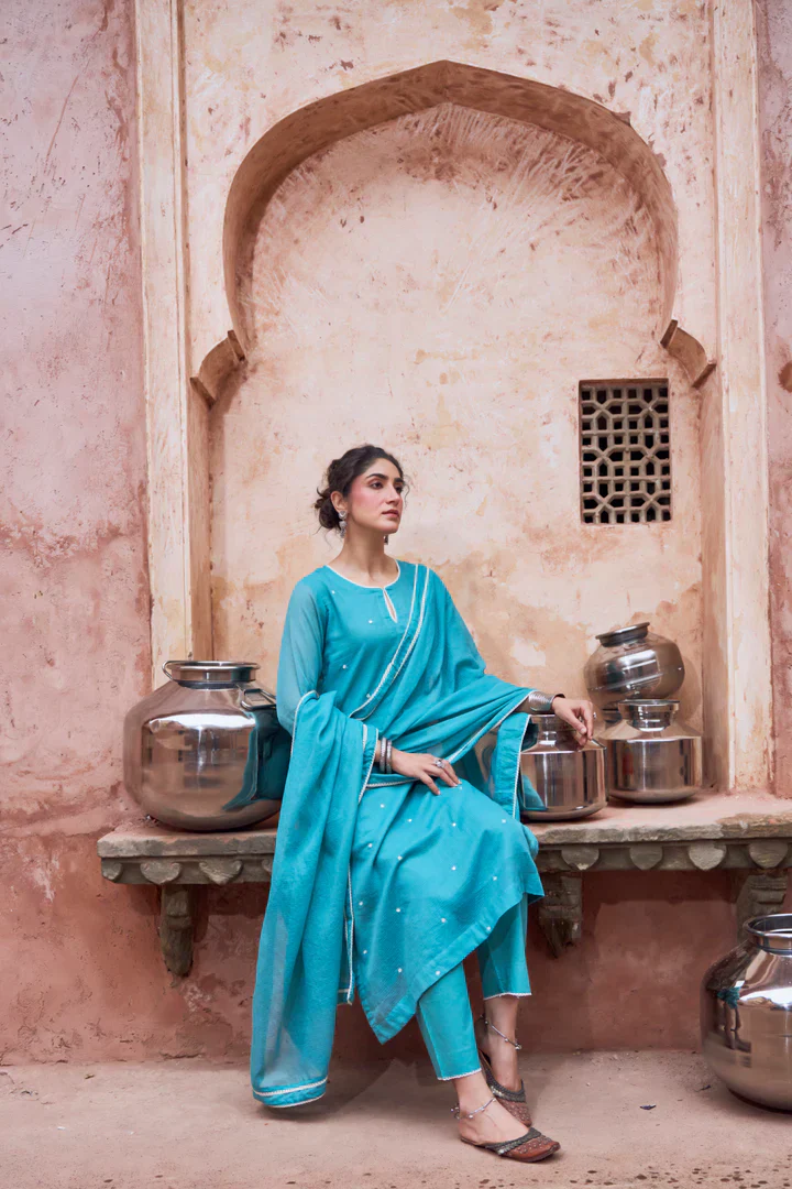 Teal Blue Beaded Kota Doria Pant Set - Image 3