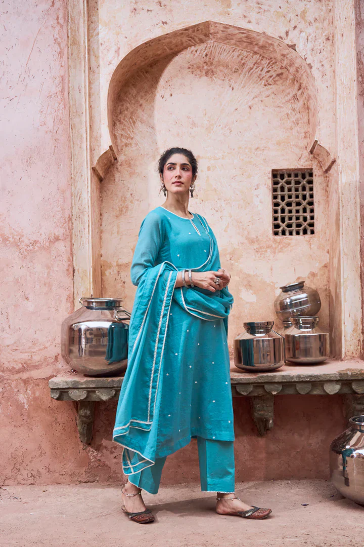 Teal Blue Beaded Kota Doria Pant Set - Image 4