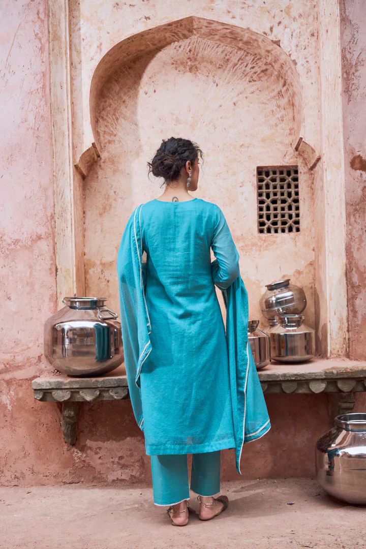 Teal Blue Beaded Kota Doria Pant Set - Image 6