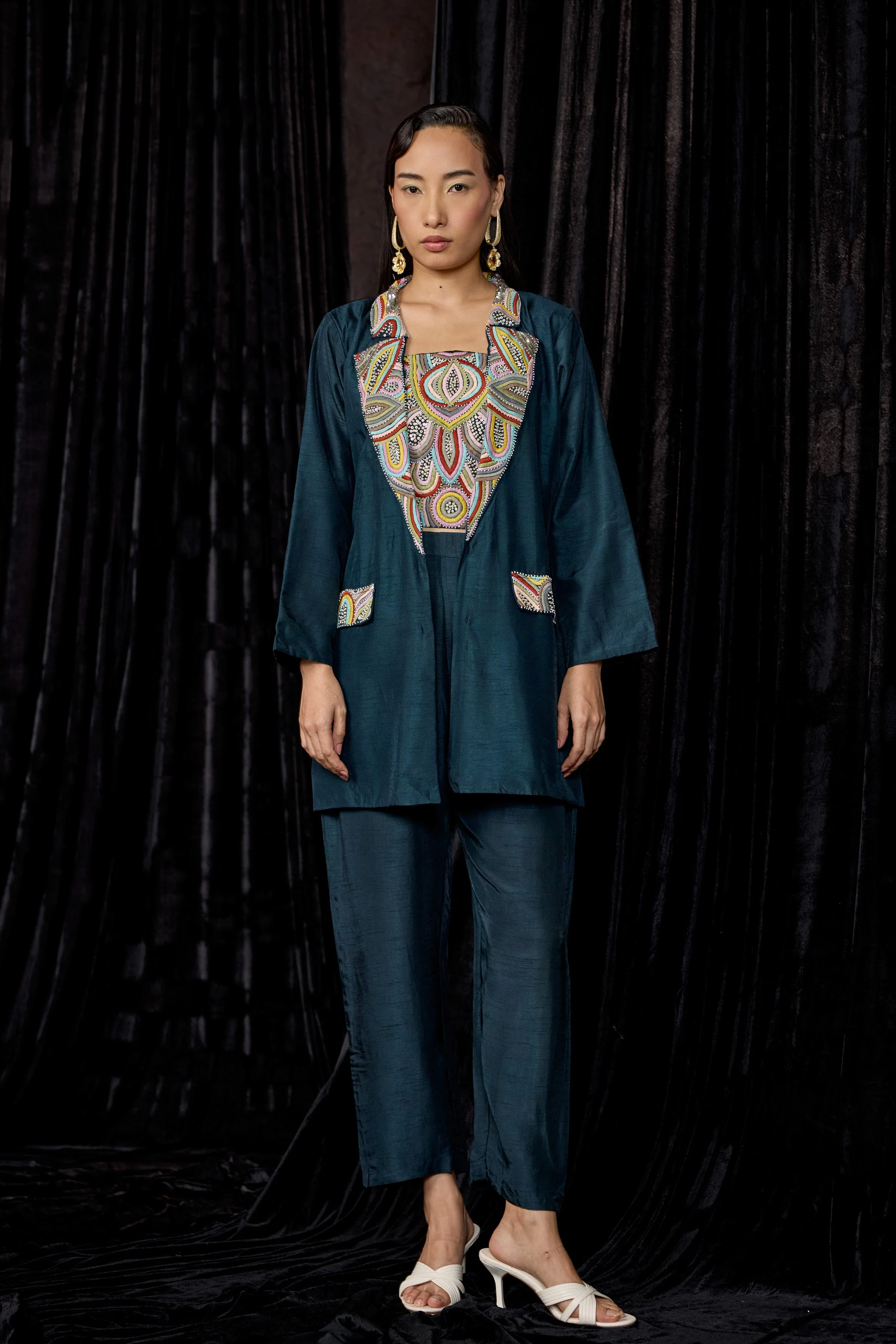 Teal Blue Embellished Raw Silk Co-Ord Set