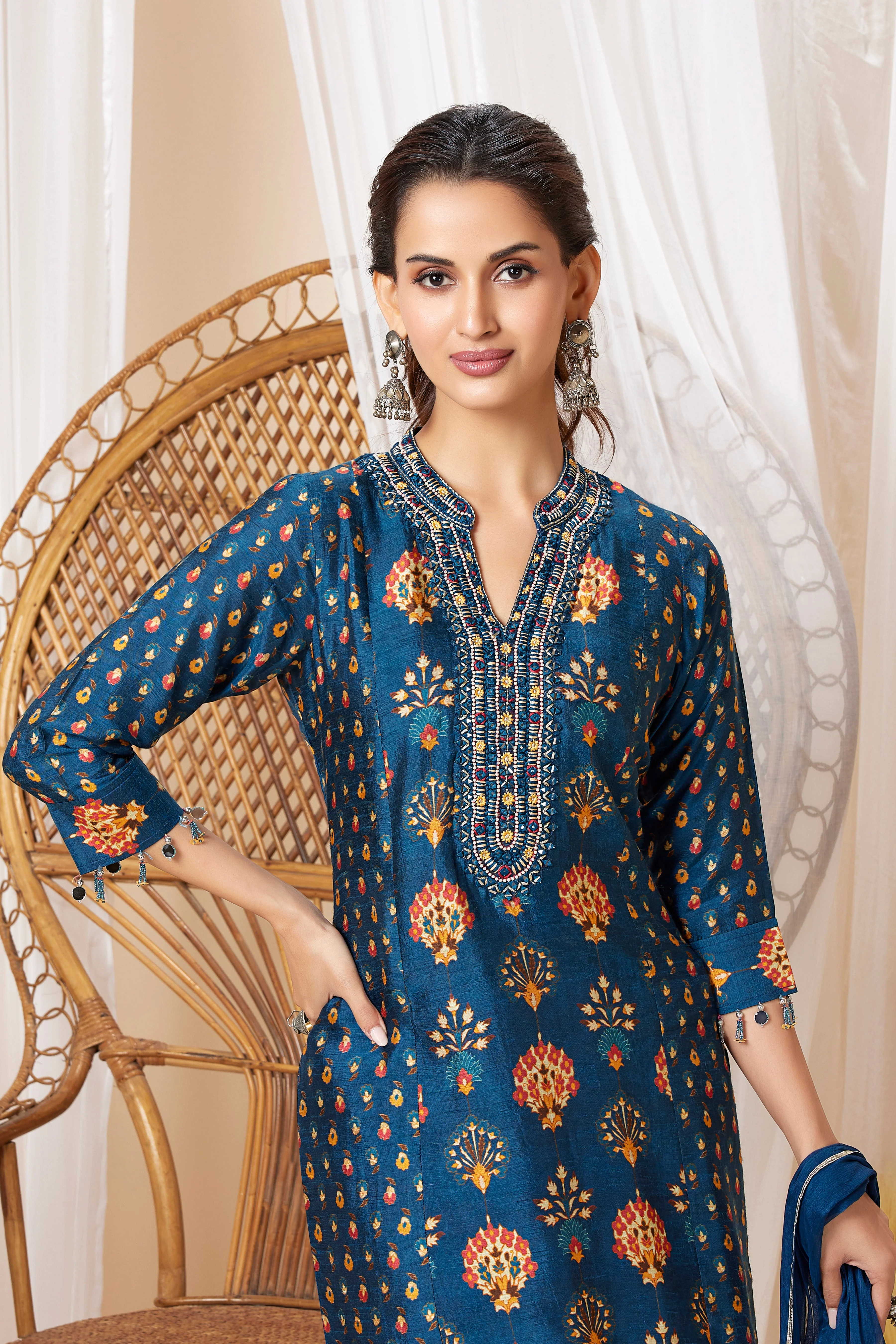 Teal Blue Printed Muslin Silk Sharara Set - Image 2