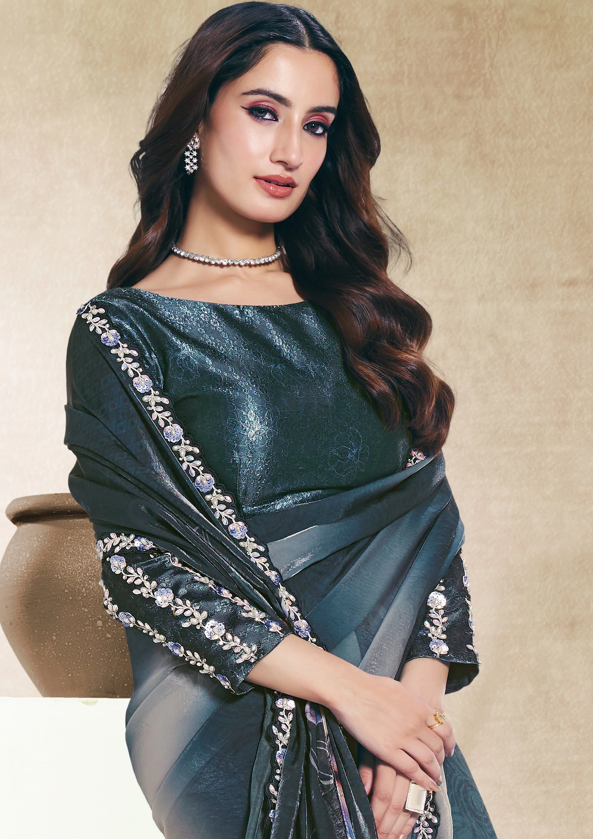 Teal Botanical Embellished Soft Organza Silk Saree - Image 3