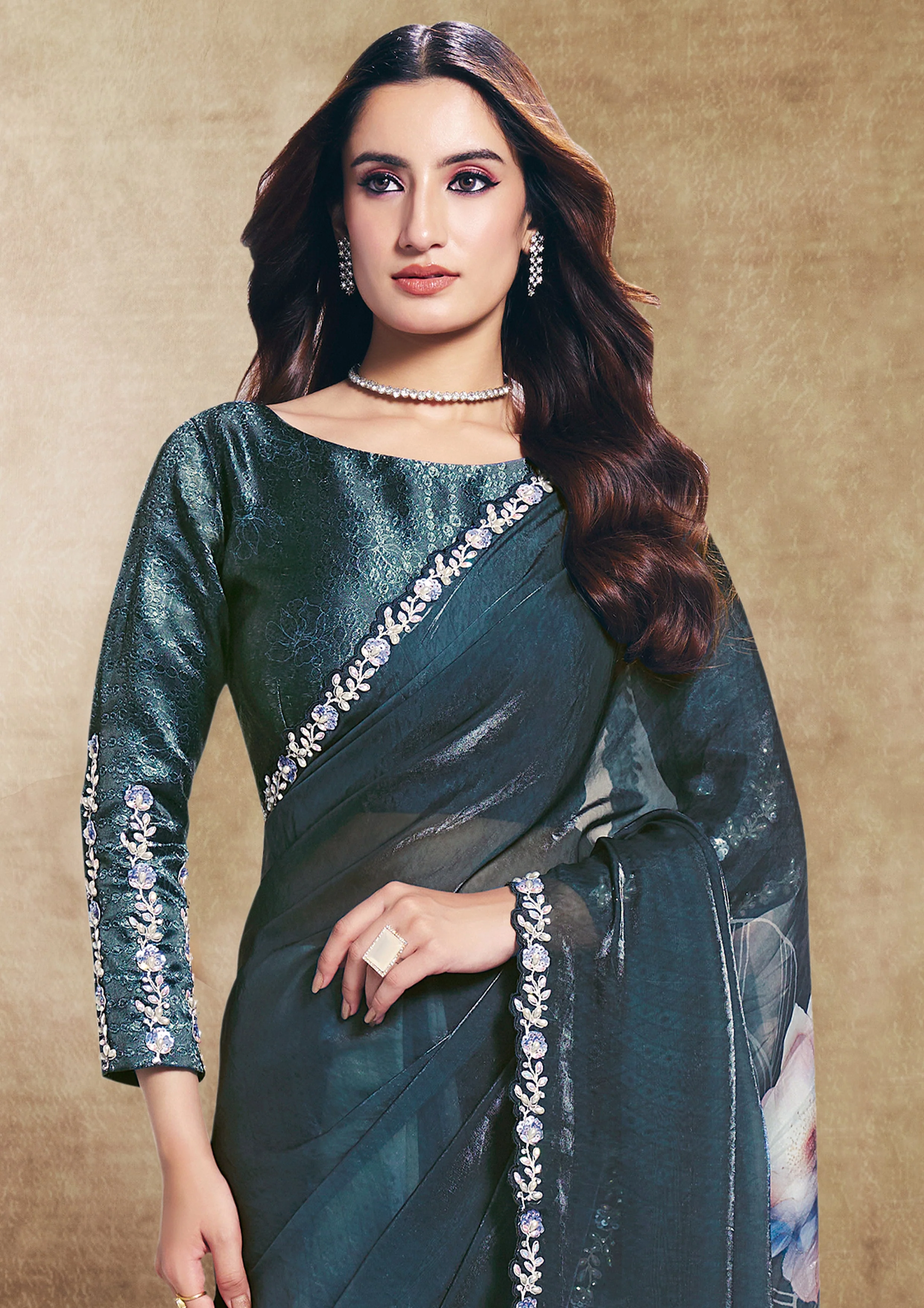 Teal Botanical Embellished Soft Organza Silk Saree - Image 4