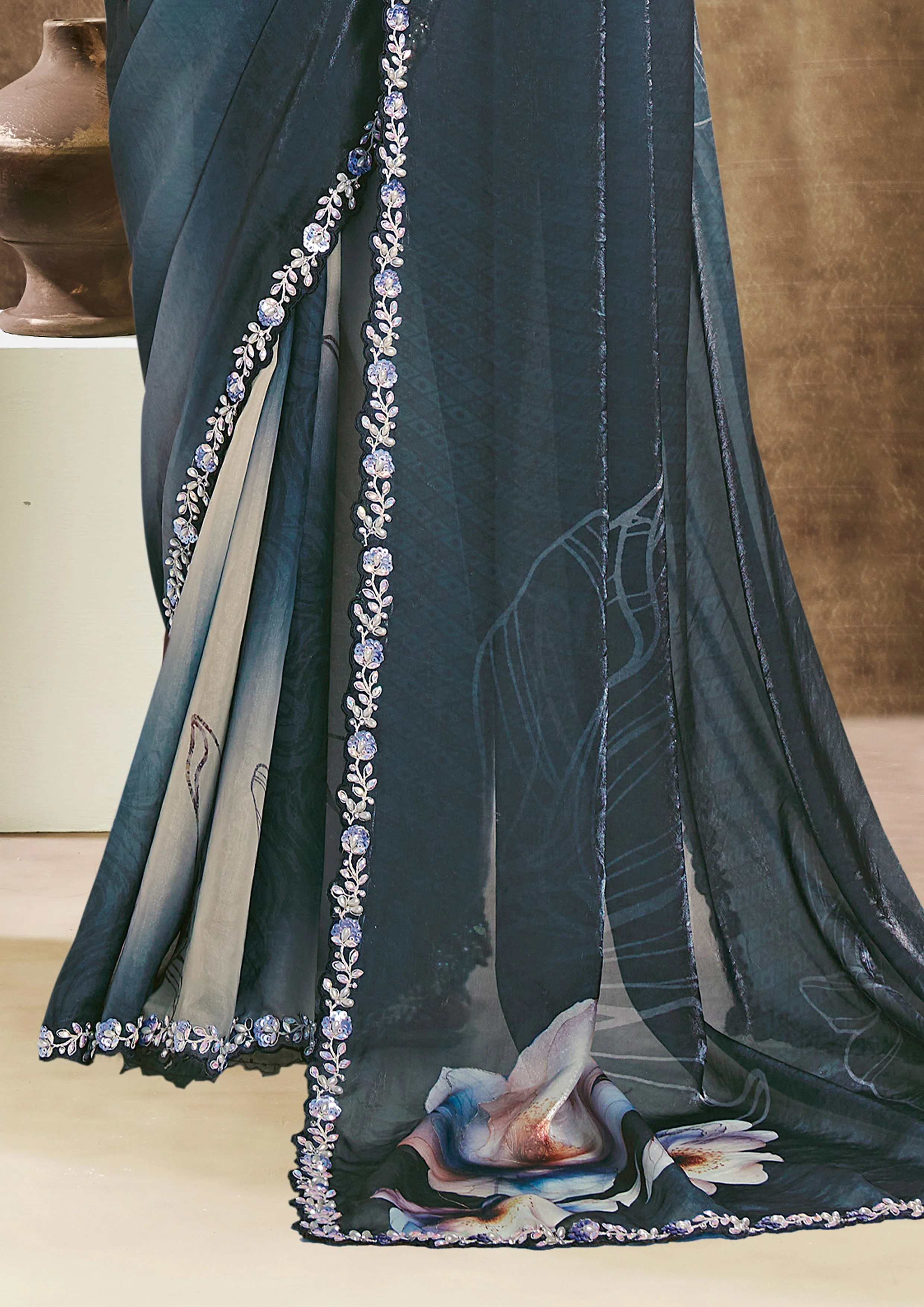 Teal Botanical Embellished Soft Organza Silk Saree - Image 5