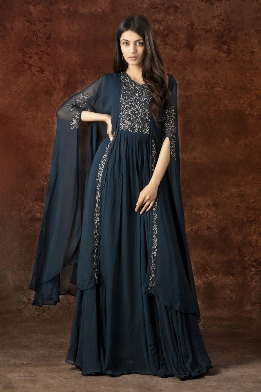 Teal Embellished Crystal Georgette Silk Cape Gown