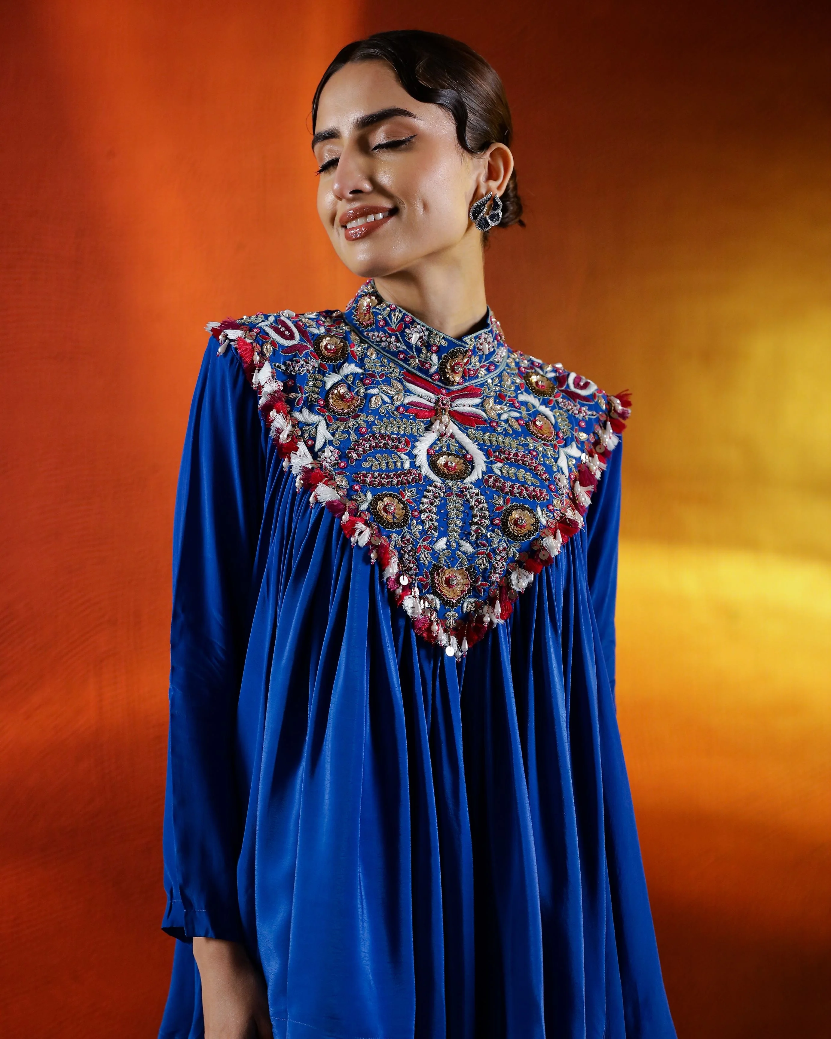 Premium Blue Embroidered Raw Silk Skirt Set - Image 2