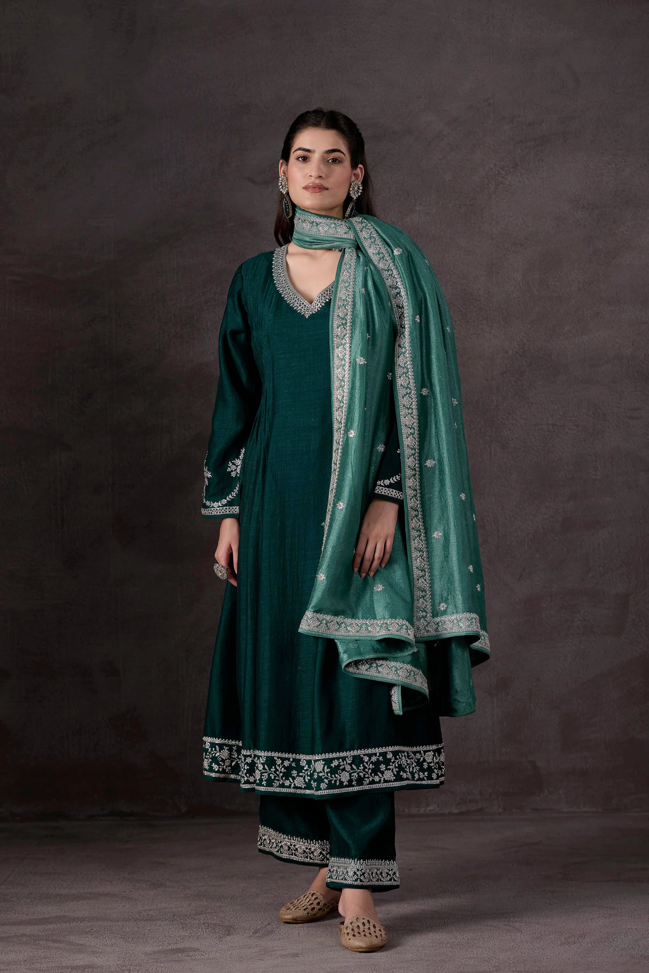 Teal Green Embellished Raw Silk Pant Set