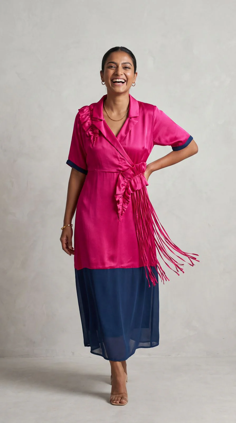 Flamingo Pink Solid Geogette Silk Dress