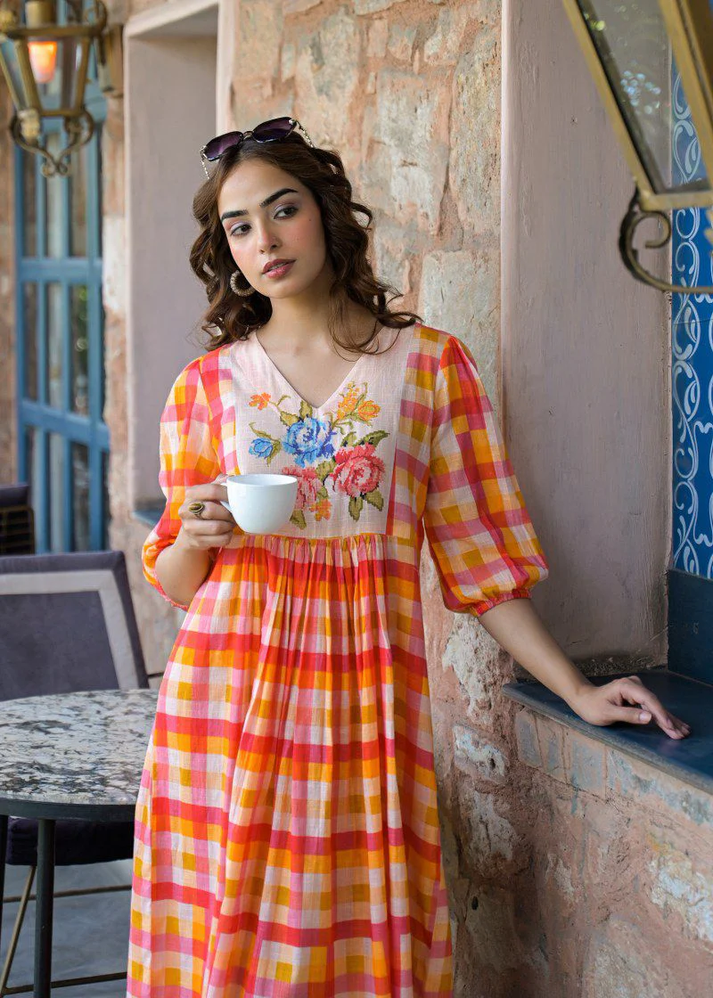 The Citrus Sunset Gingham Floral Cotton Dress - Image 3