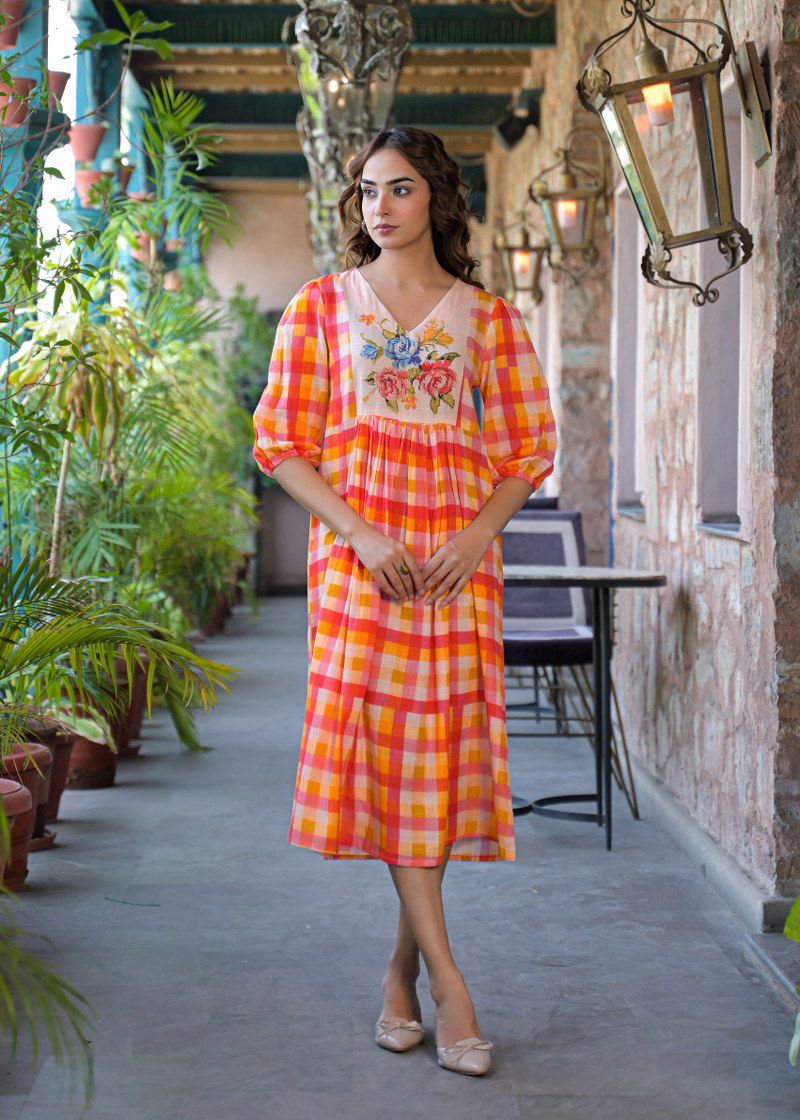 The Citrus Sunset Gingham Floral Cotton Dress - Image 4