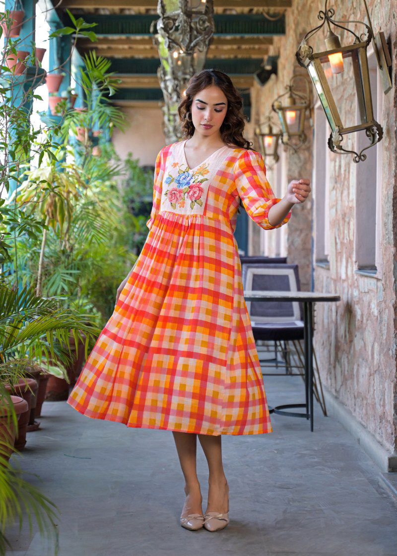 The Citrus Sunset Gingham Floral Cotton Dress - Image 5