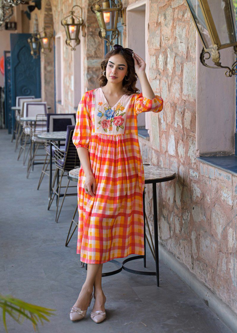 The Citrus Sunset Gingham Floral Cotton Dress - Image 6