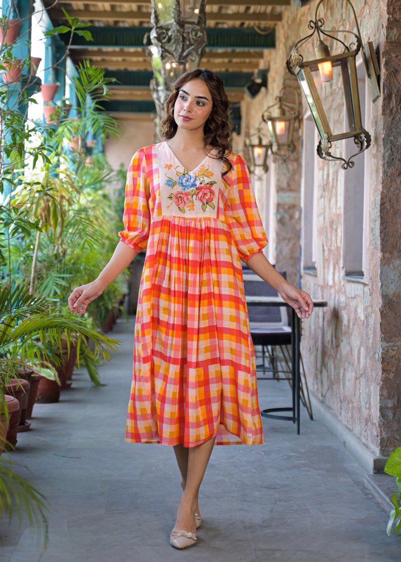 The Citrus Sunset Gingham Floral Cotton Dress - Image 7