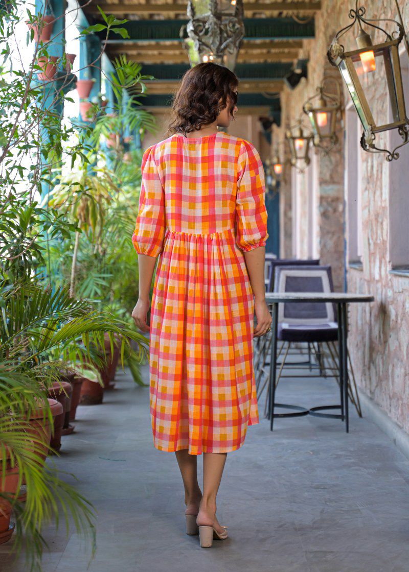 The Citrus Sunset Gingham Floral Cotton Dress - Image 8