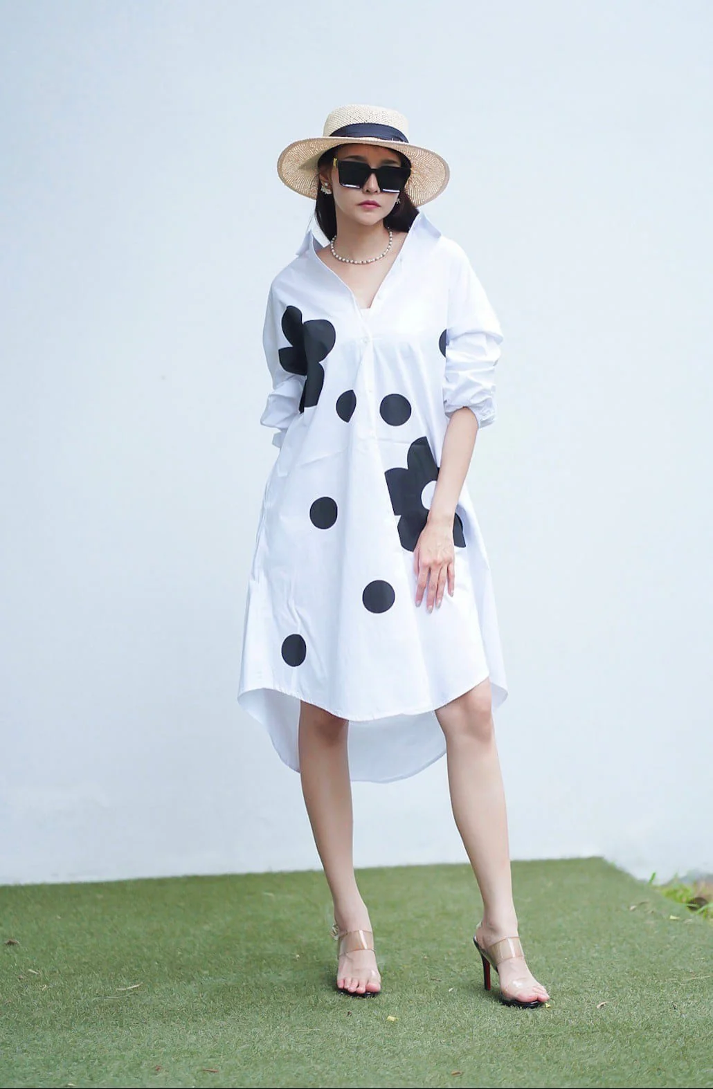 White Bold Floral Polka Print Tunic Dress - Image 2