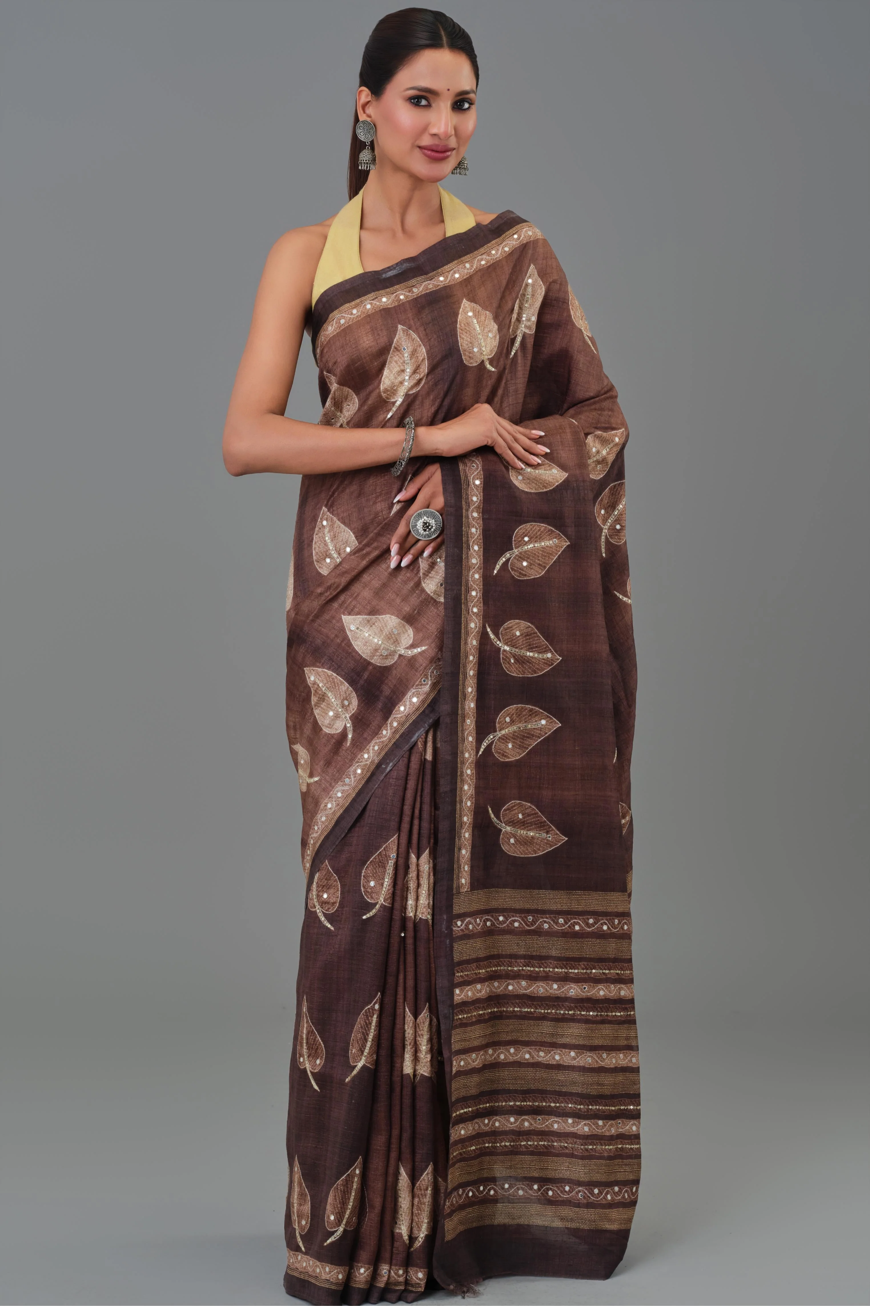 Brown Leaf Tussar Silk Saree - Image 2