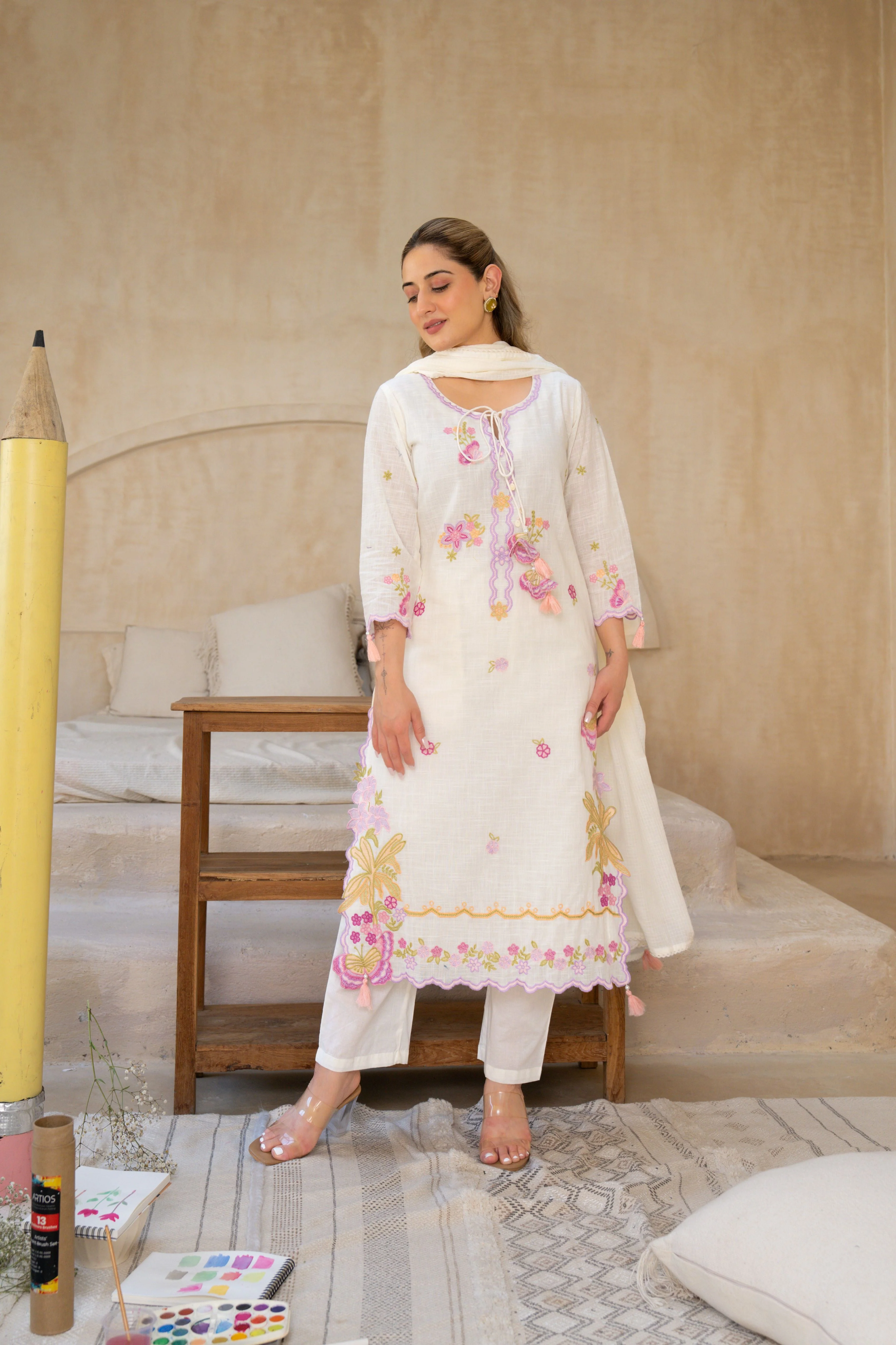 Vanilla Bloom Embroidered Cotton Pant Set - Image 3