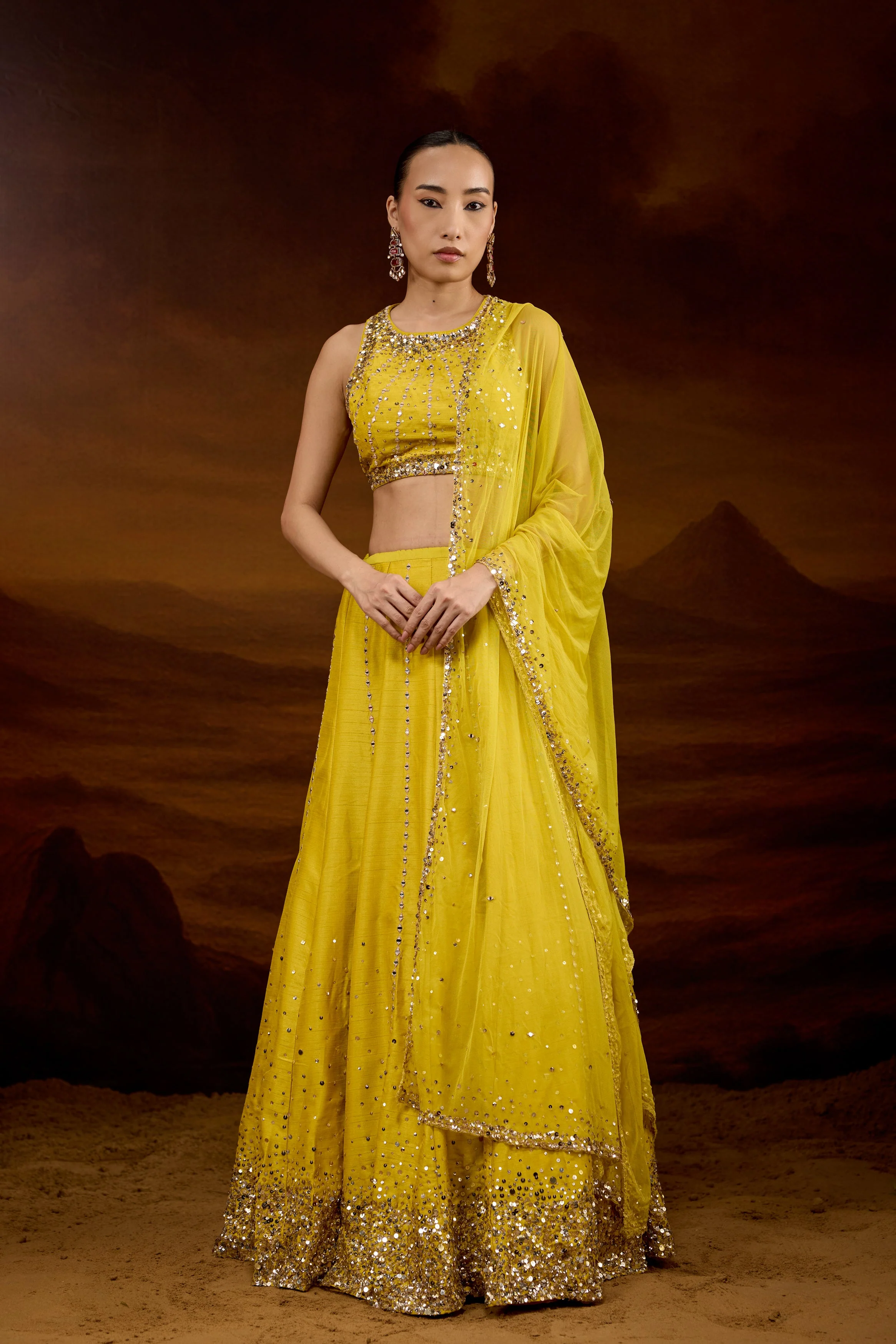 Bright Yellow Embellished Raw Silk Lehenga Set