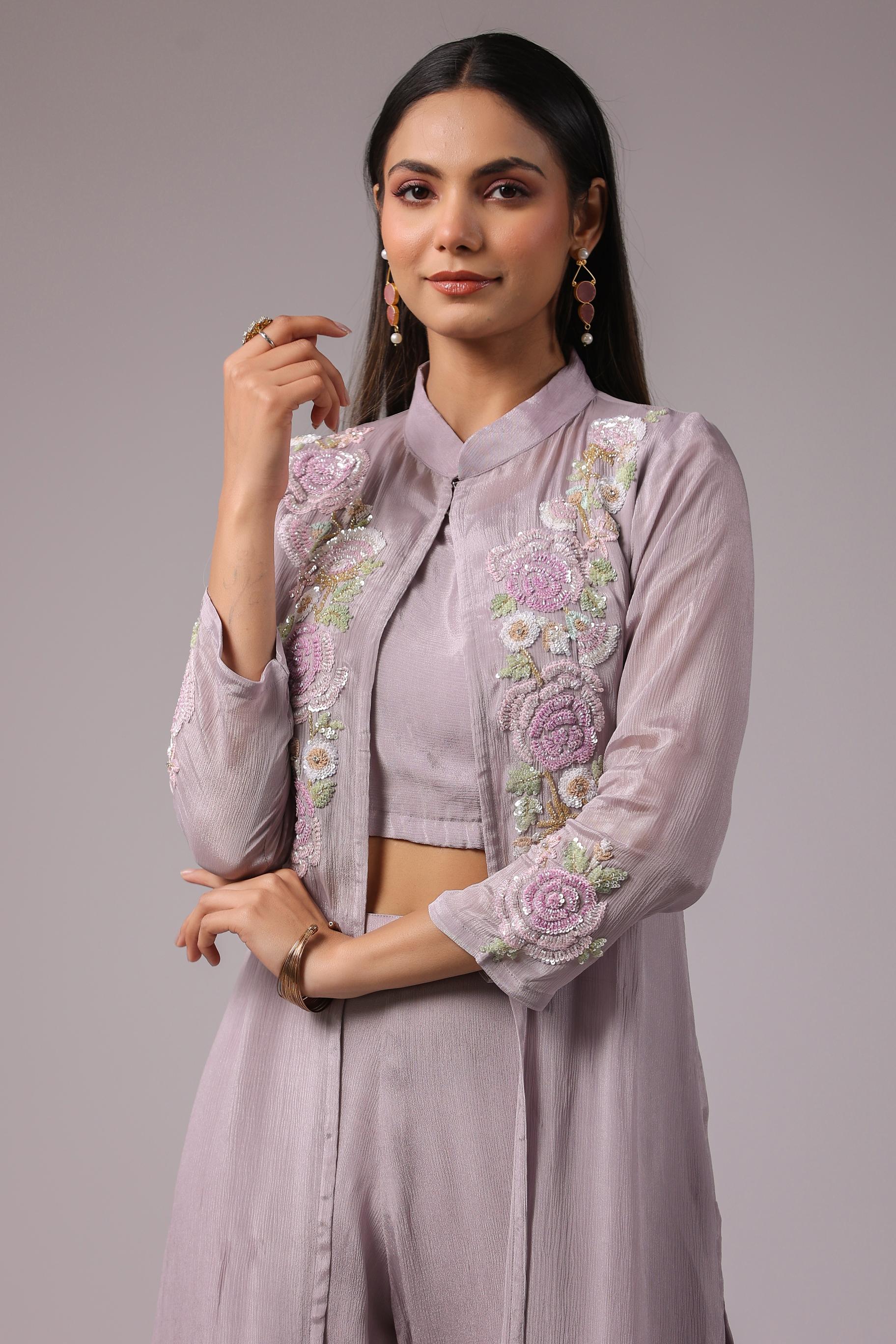 Vintage Mauve Floral Embroidered Chinon Silk Cape Set - Image 2