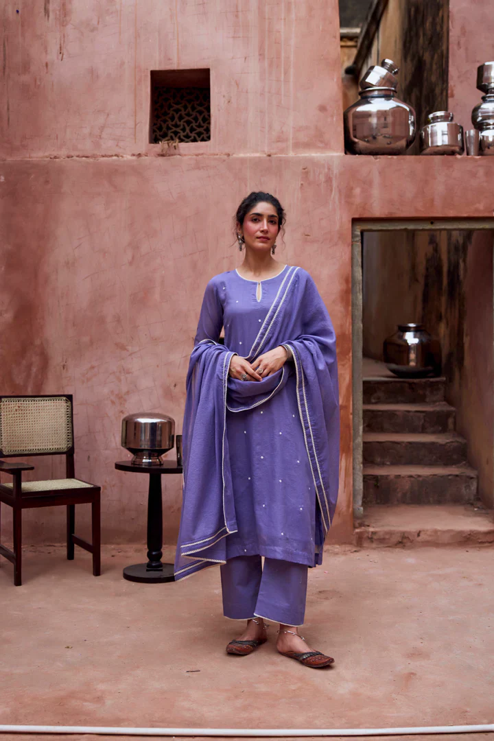 Violet Beaded Kota Doria Pant Set