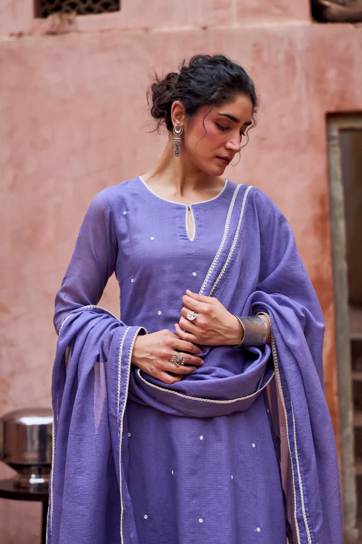 Violet Beaded Kota Doria Pant Set - Image 2