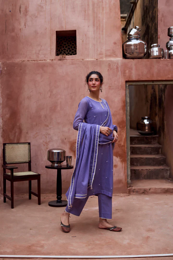 Violet Beaded Kota Doria Pant Set - Image 3