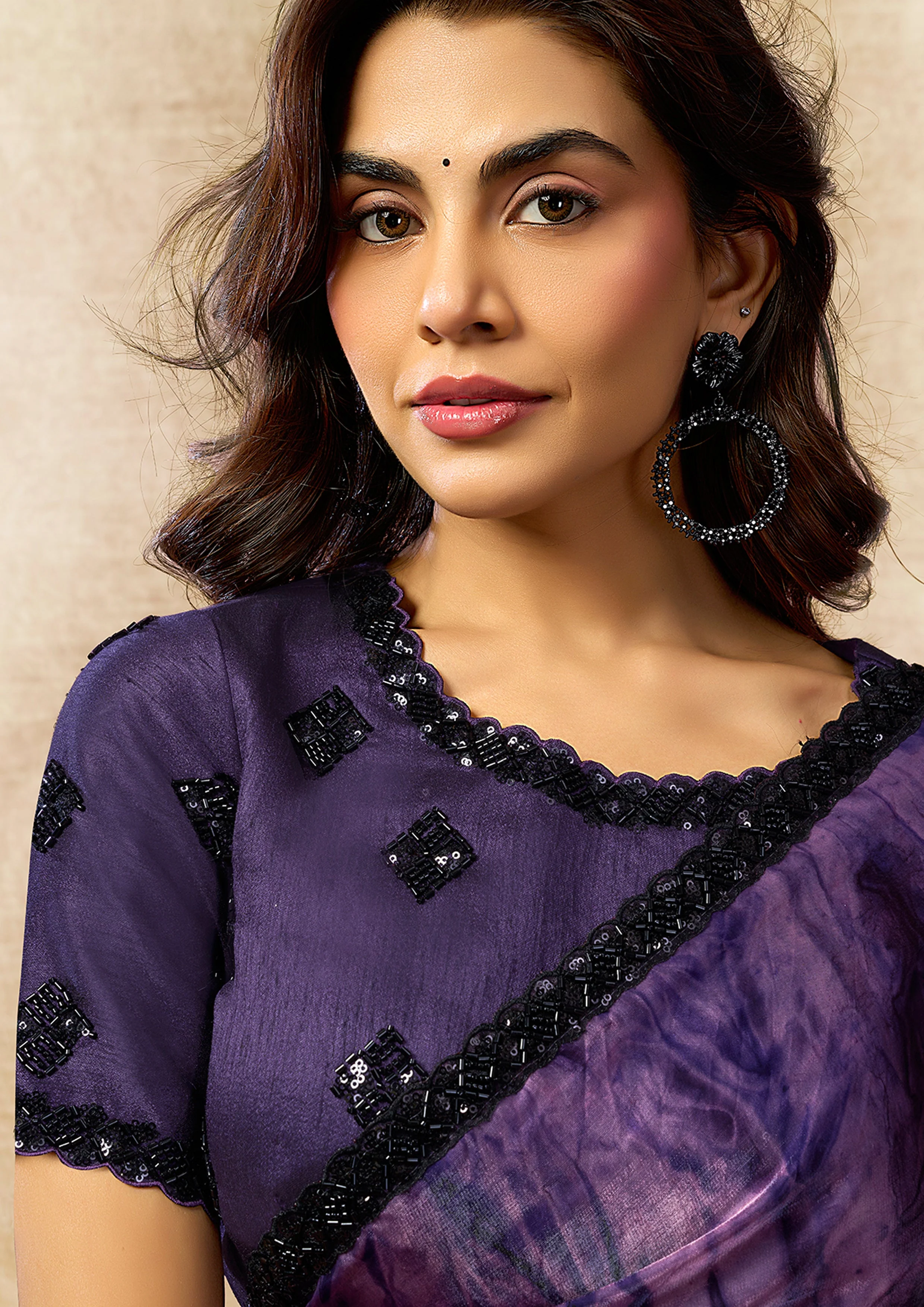 Violet Nebula Embellished Crepe Tissue Silk Saree - Image 2