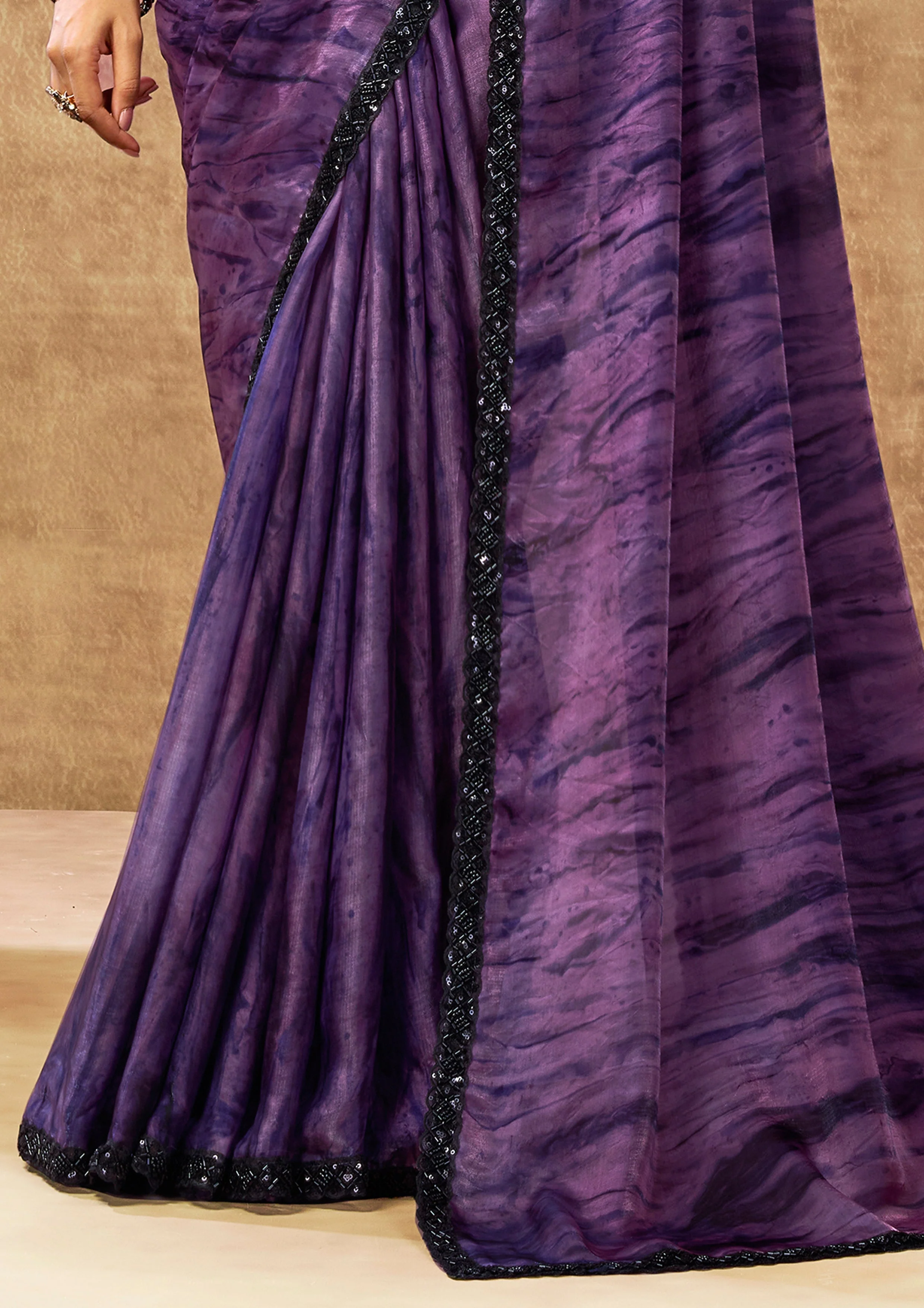 Violet Nebula Embellished Crepe Tissue Silk Saree - Image 5