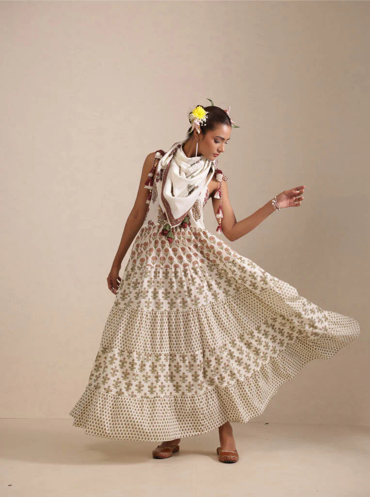 Whisper White Booti Printed Cotton Anarkali Set - Image 3