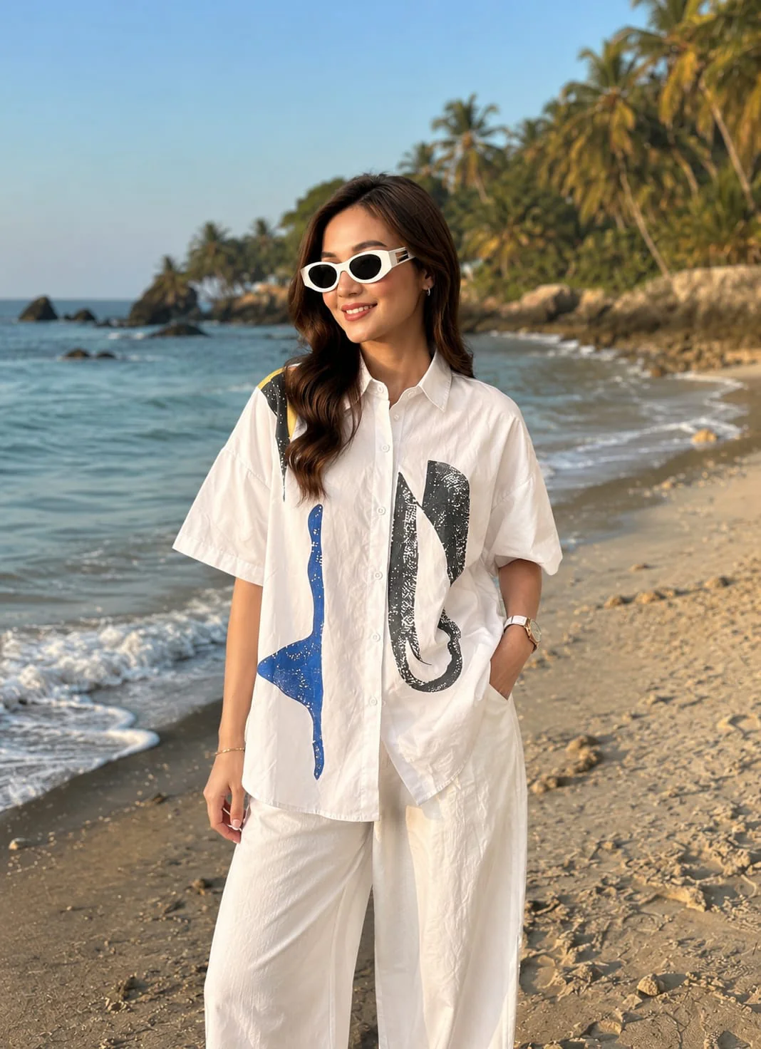 Crisp White Abstract Graphic Cotton Shirt - Image 2