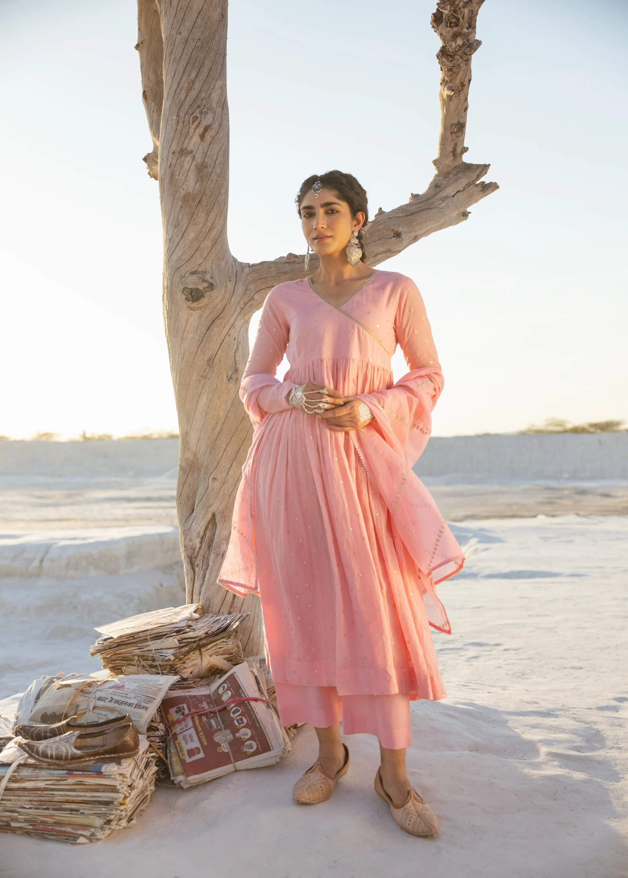 Rose Pink Embellished Mul Cotton Anarkali Set