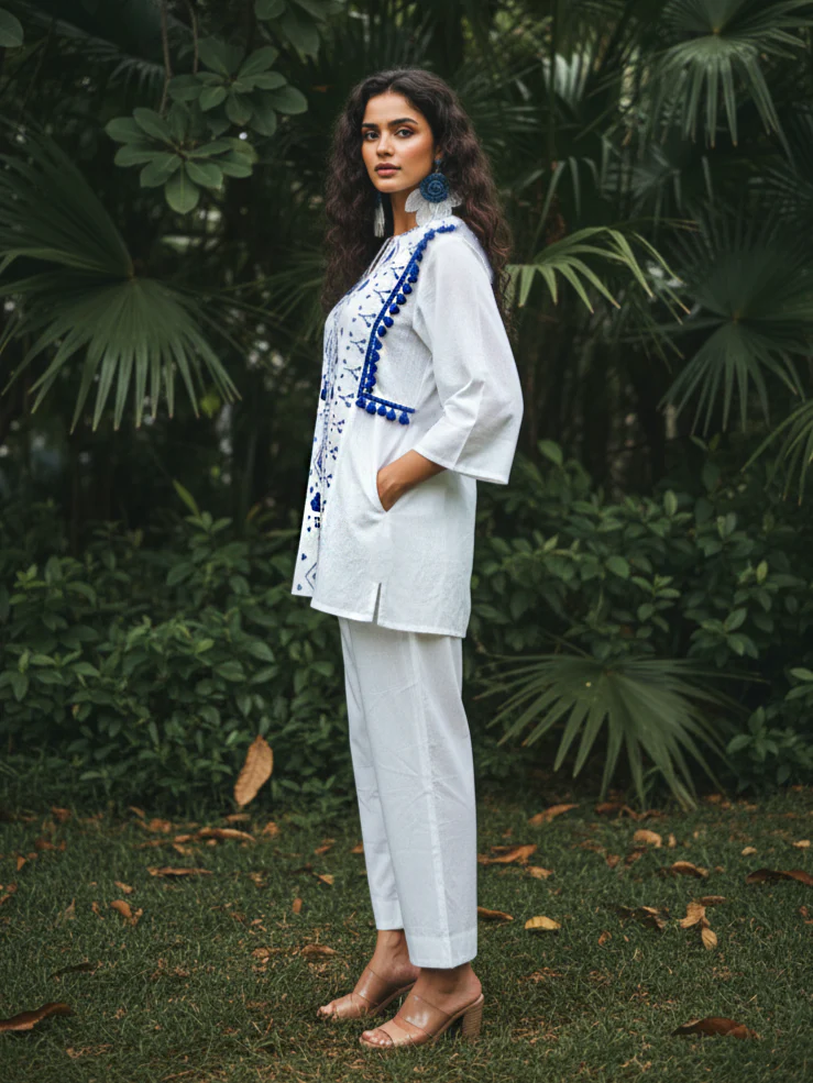 White & Blue Geometric Embroidered Cotton Co-Ord  Set - Image 3