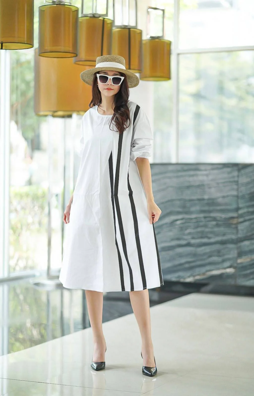 White and Black Geometric Printed Cotton Dress