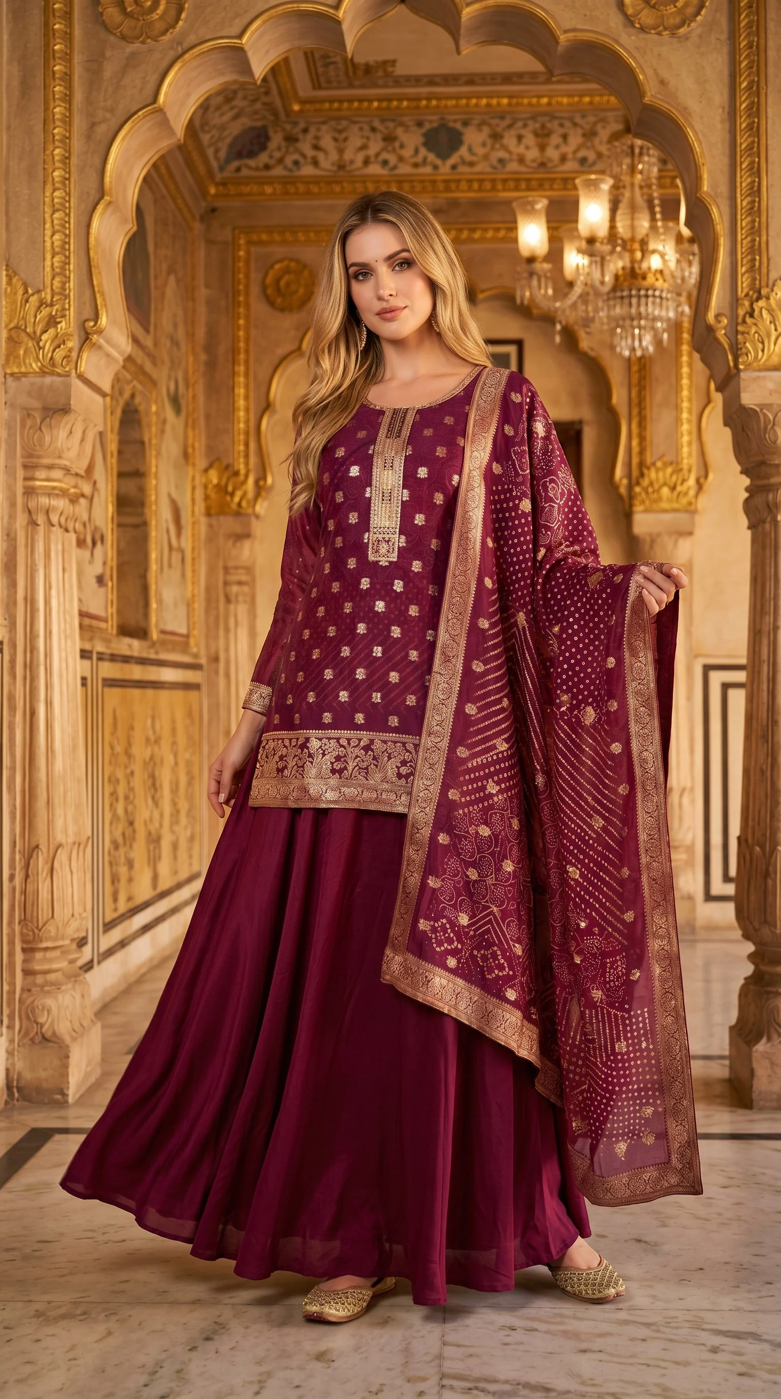 Wine Embroidered Organza Silk Palazzo Set