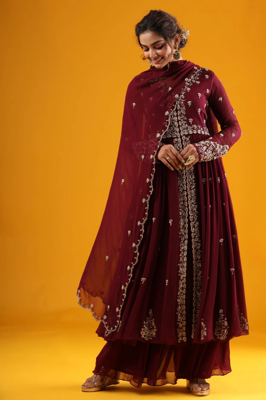Wine Hand Embroidered Kurta &amp; Palazzo With Dupatta - Image 3