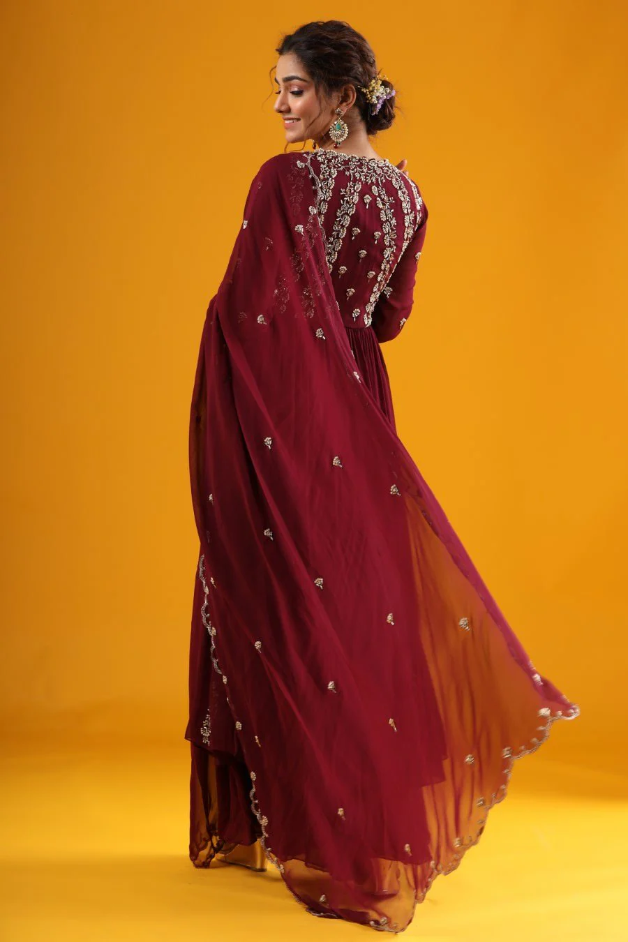 Wine Hand Embroidered Kurta &amp; Palazzo With Dupatta - Image 4