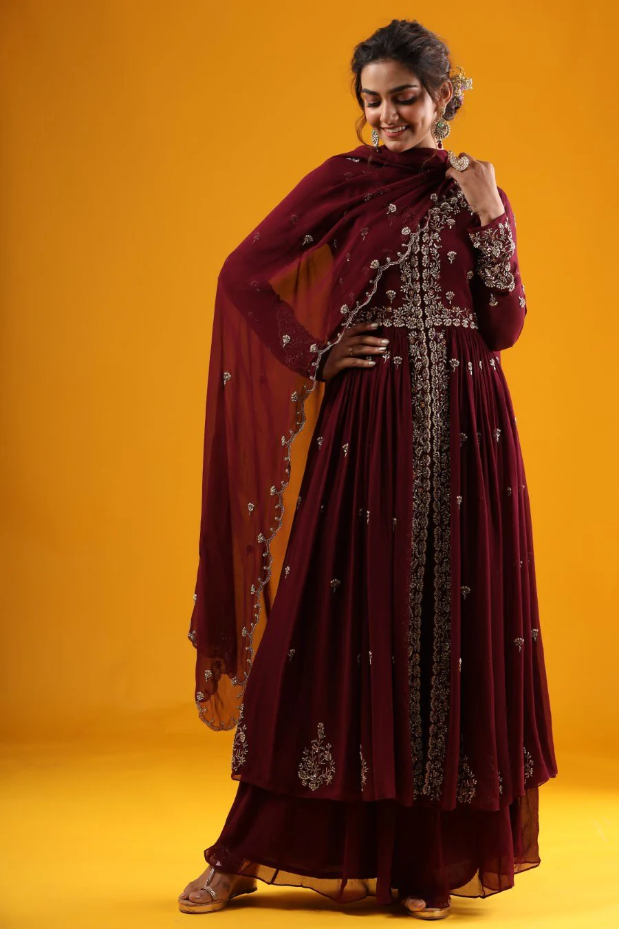 Wine Hand Embroidered Kurta &amp; Palazzo With Dupatta - Image 5