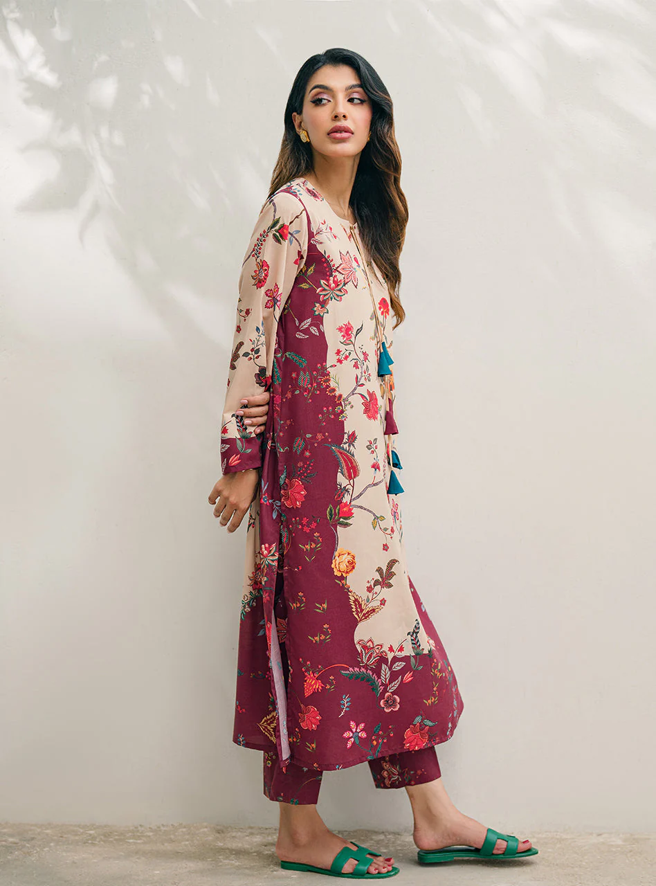 Creamy Wine Natural Crepe Kurta & Pant Set - Image 3