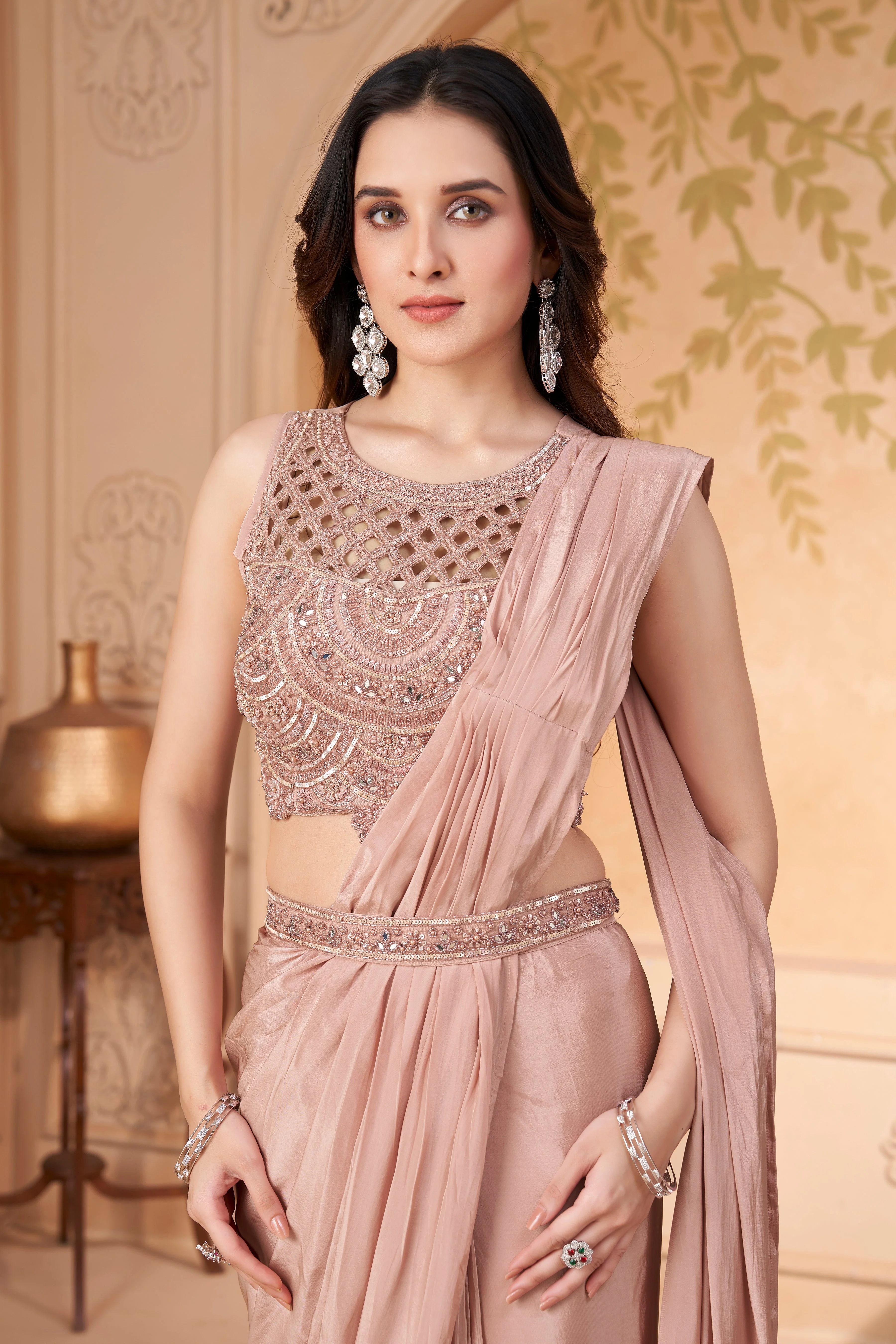 Blush Pink Embellished  Crepe Silk Drape Saree - Image 2