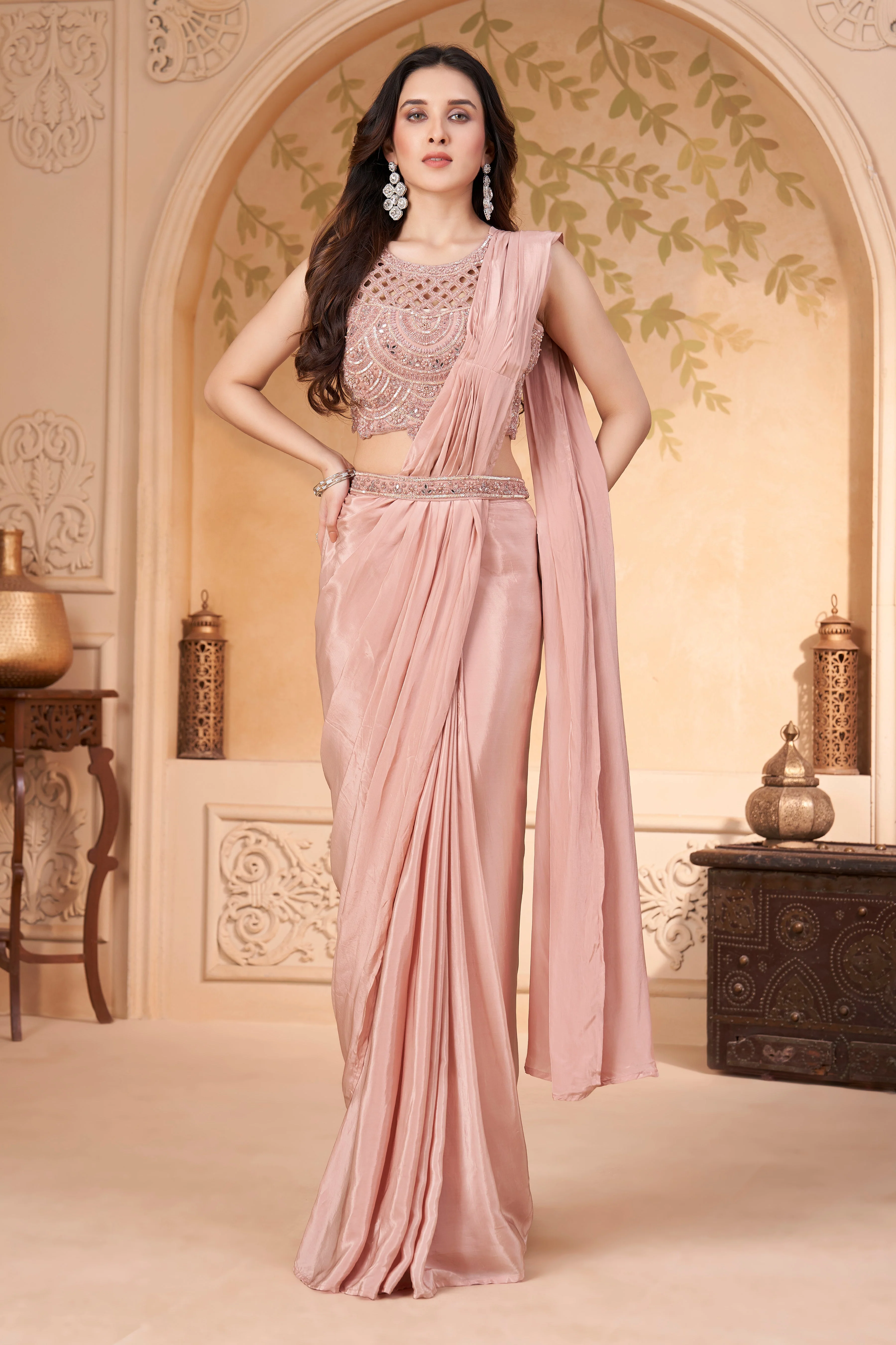 Blush Pink Embellished  Crepe Silk Drape Saree - Image 3