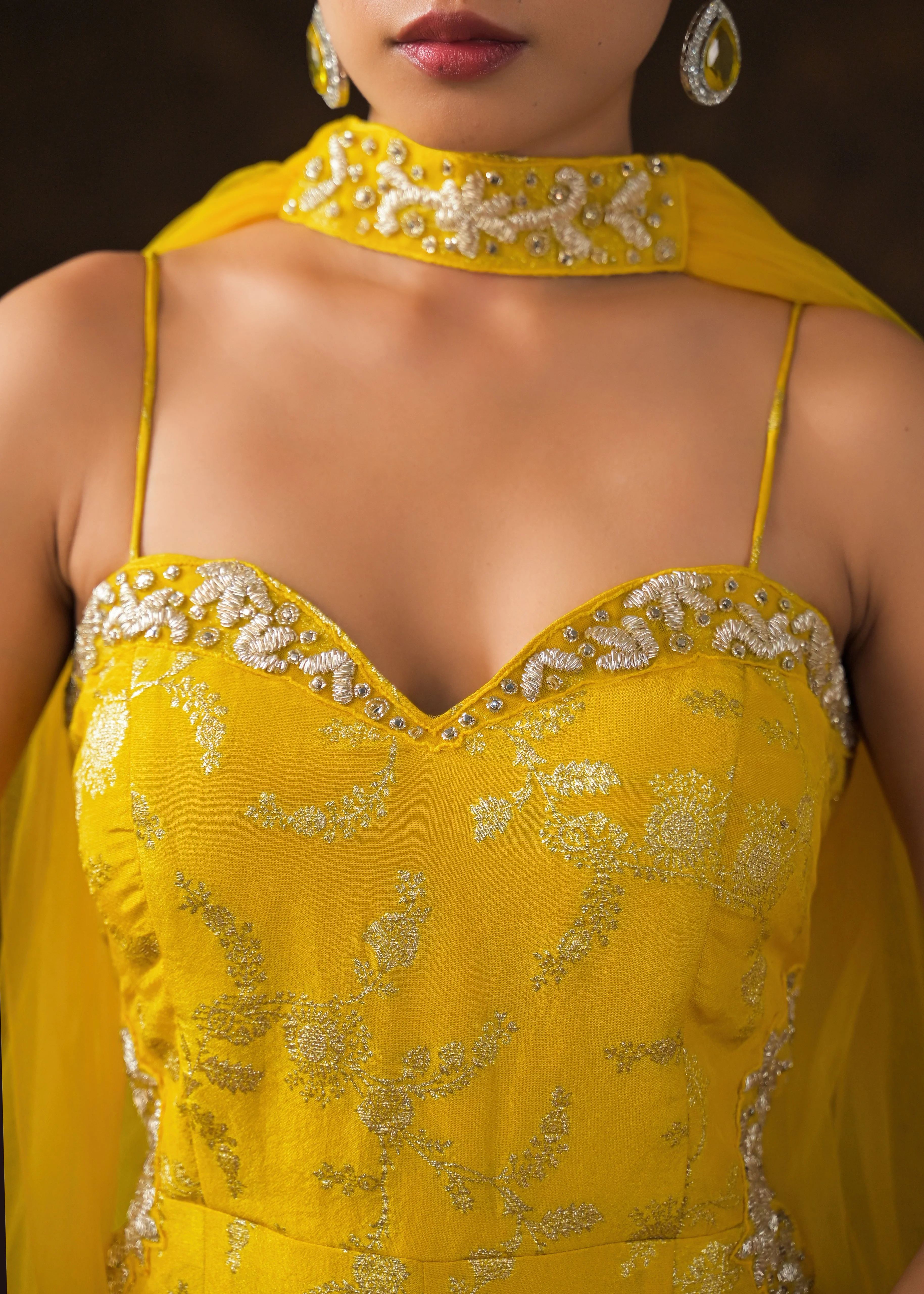 Canary Yellow Embellished Brocade Silk Jumpsuit Set - Image 2