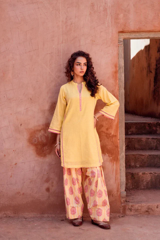 Lemon Yellow Textured Mul-Cotton Kurta Set