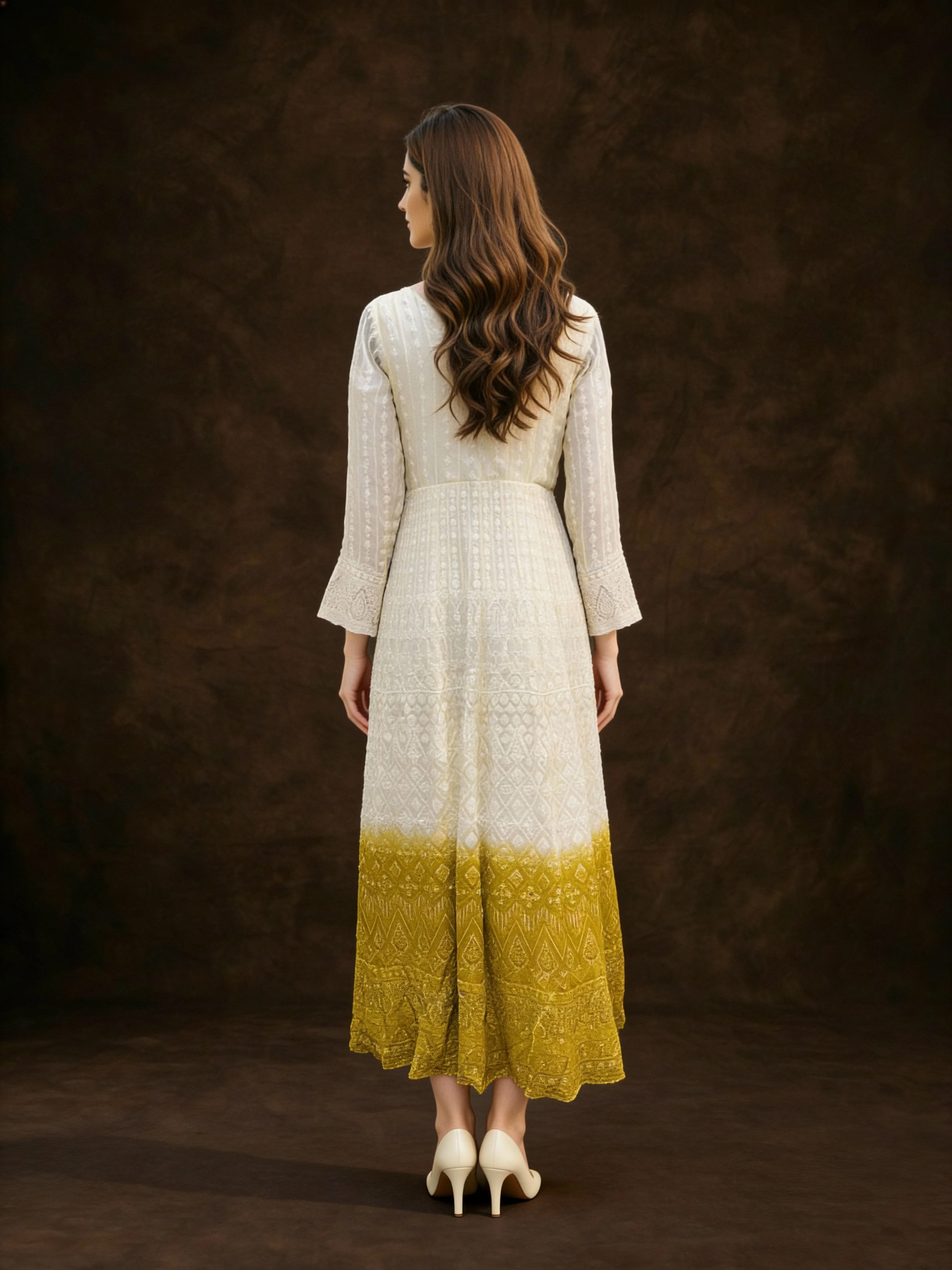 Yellow Ombre Embellished Georgette Silk Anarkali Set - Image 2